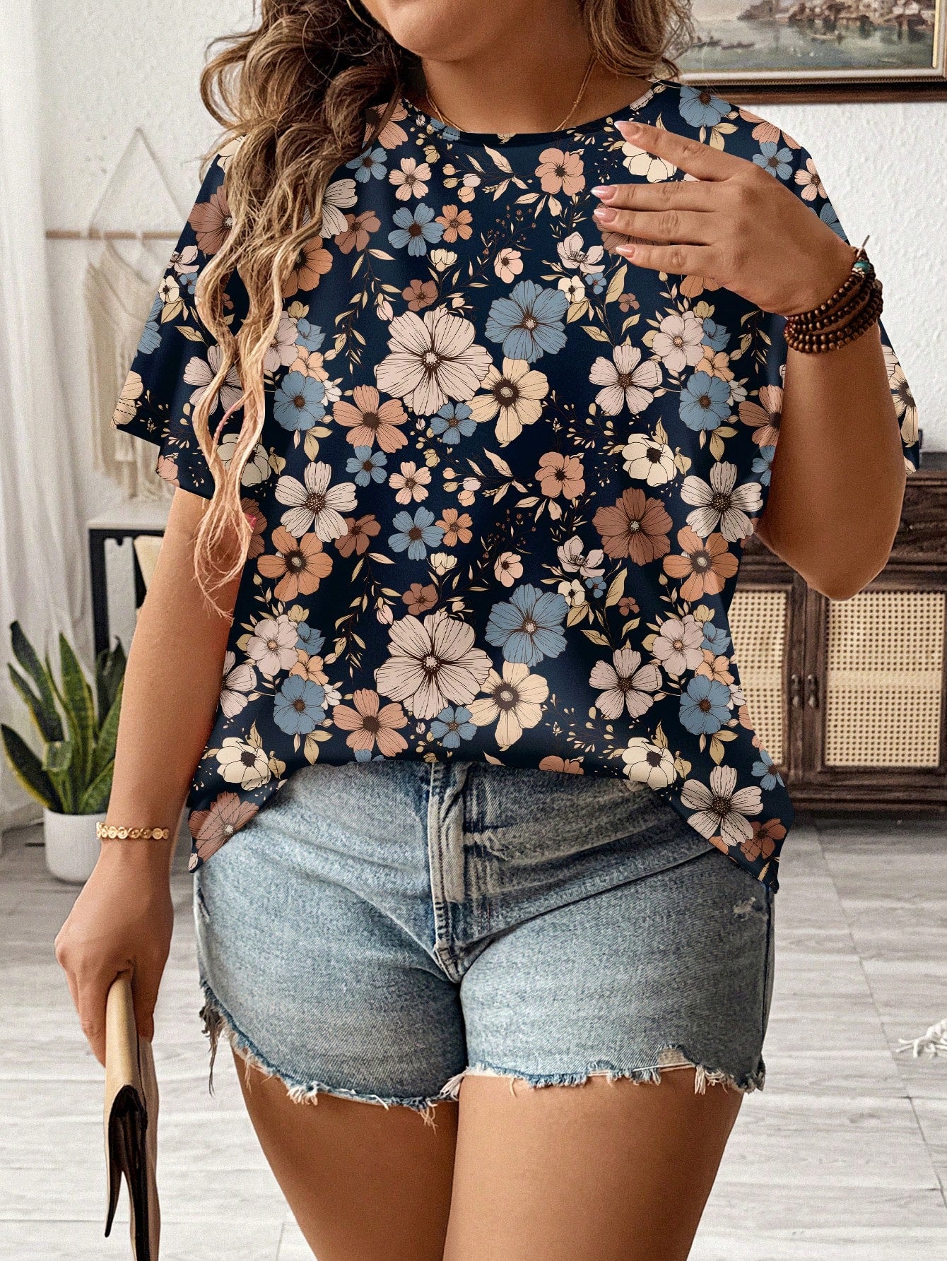 LUNE Casual Floral Pattern Loose Fit Round Neck Short Sleeve Plus Size T-Shirt, Summer