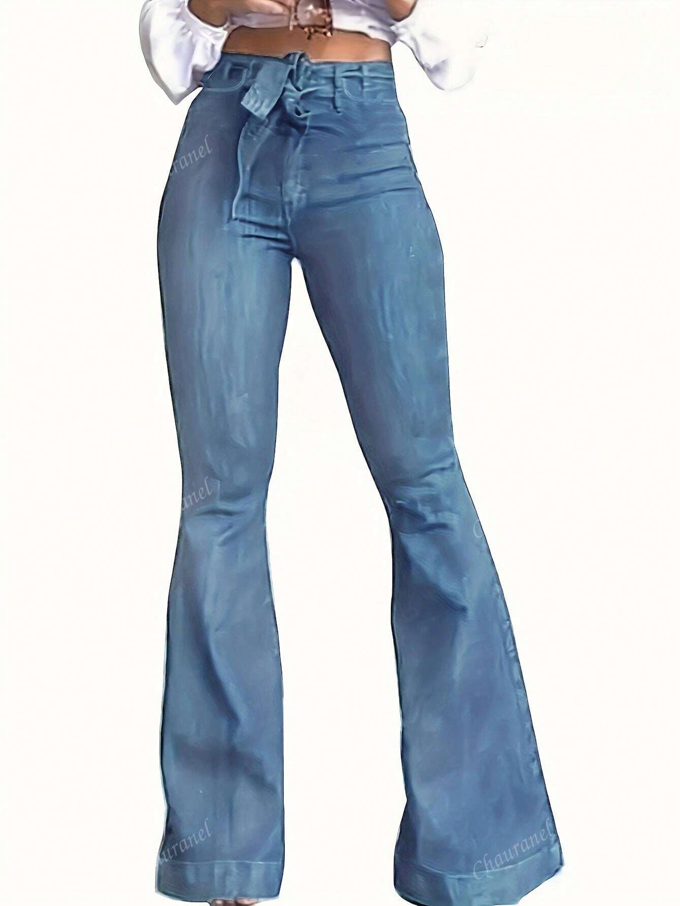 Solid Color Elastic High Waisted Flared Jeans With Belt