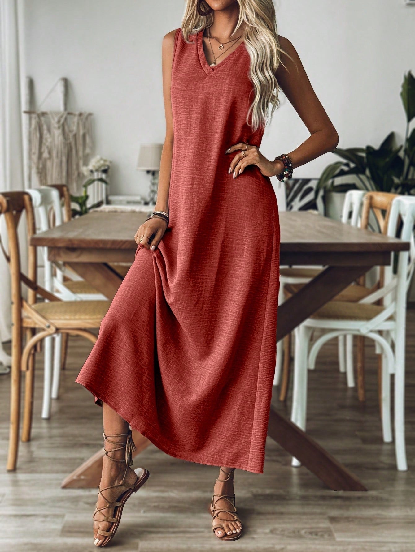 LUNE Women Sleeveless Solid Color Dress For Vacation And Leisure