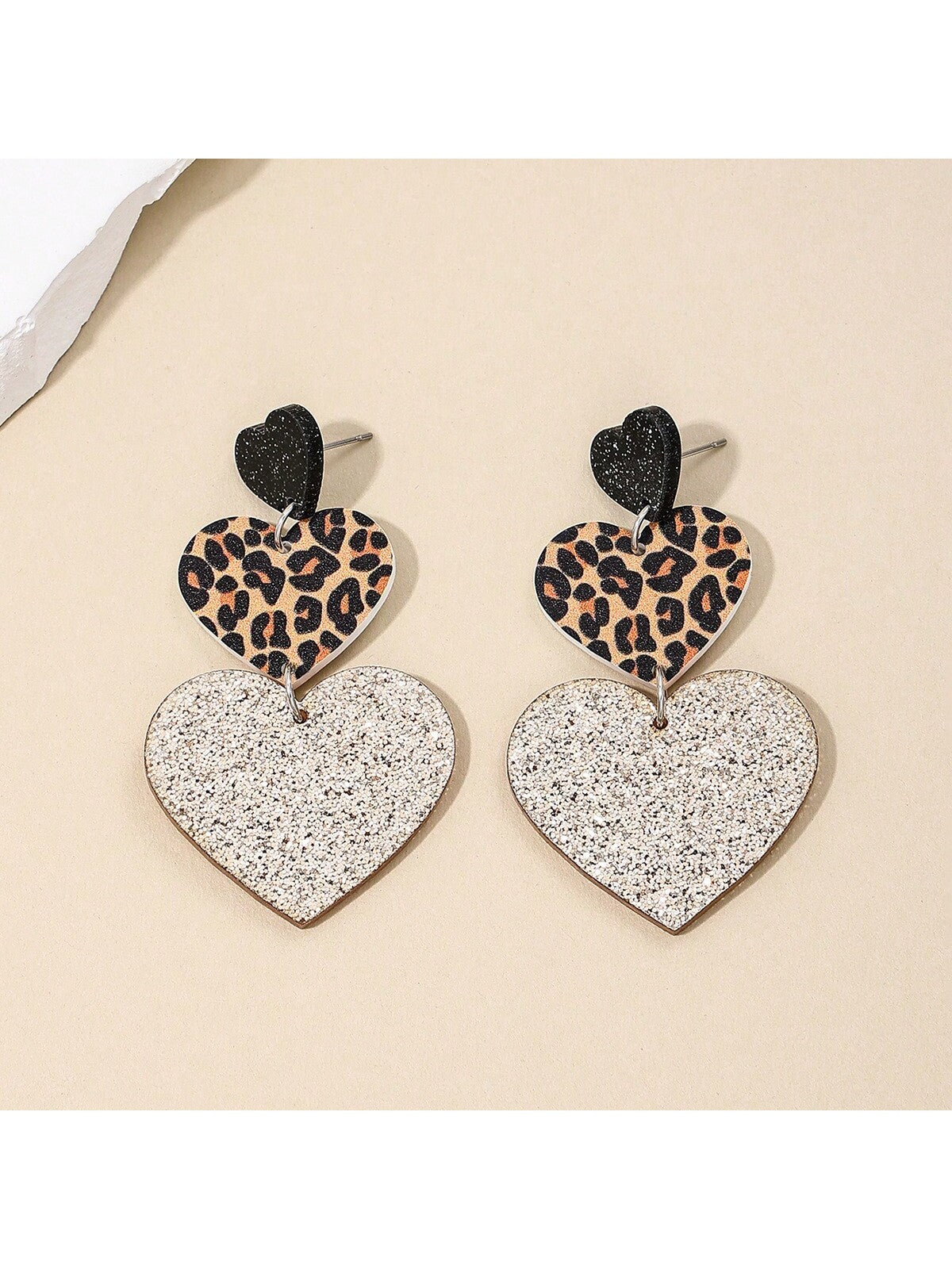 2pcs/Set Acrylic Leopard Print Triple Heart-Shaped Earrings, Retro And Fashionable Street Style Ear Accessories, Suitable For Women To Wear At Parties And Festivals