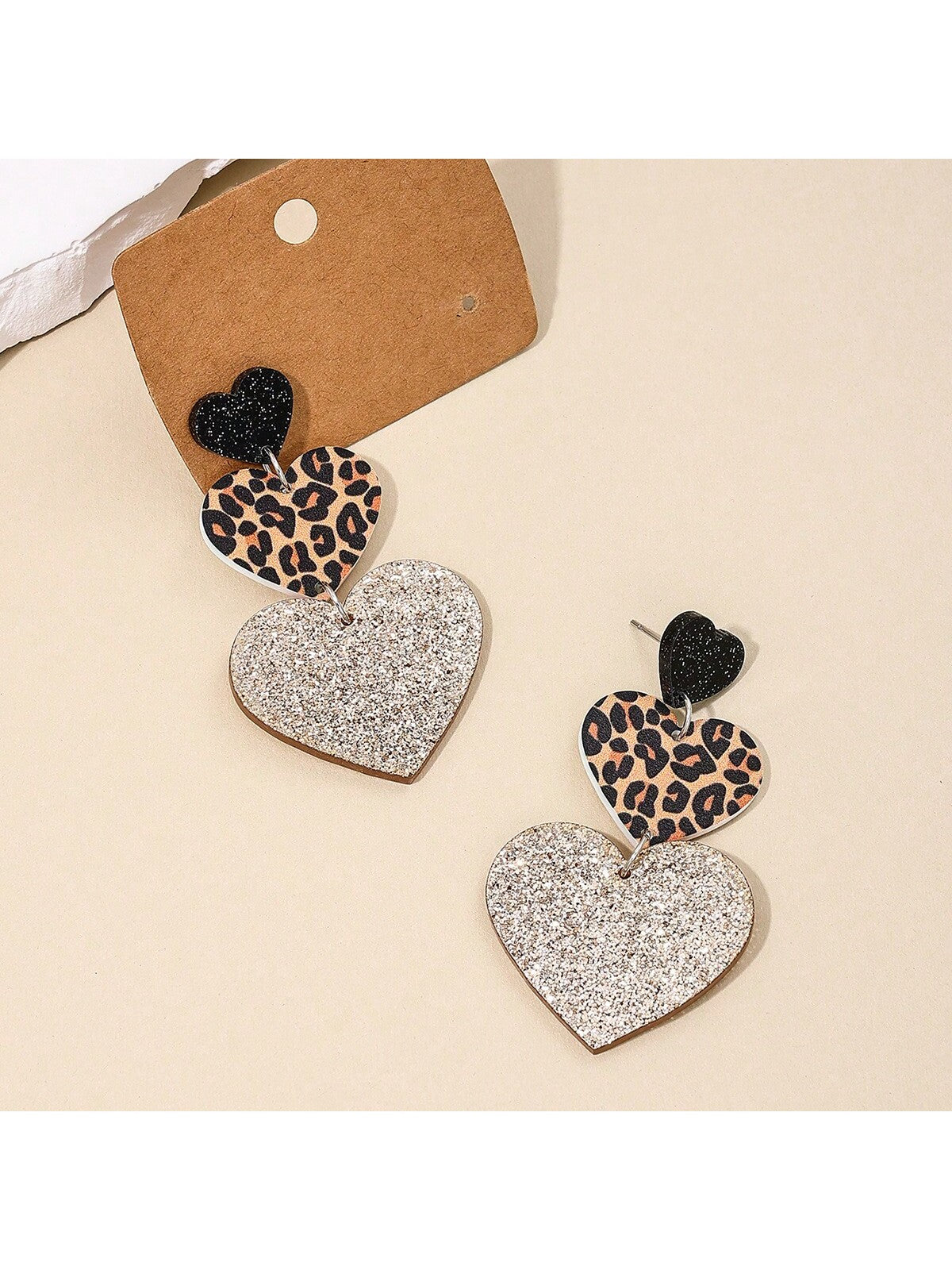 2pcs/Set Acrylic Leopard Print Triple Heart-Shaped Earrings, Retro And Fashionable Street Style Ear Accessories, Suitable For Women To Wear At Parties And Festivals