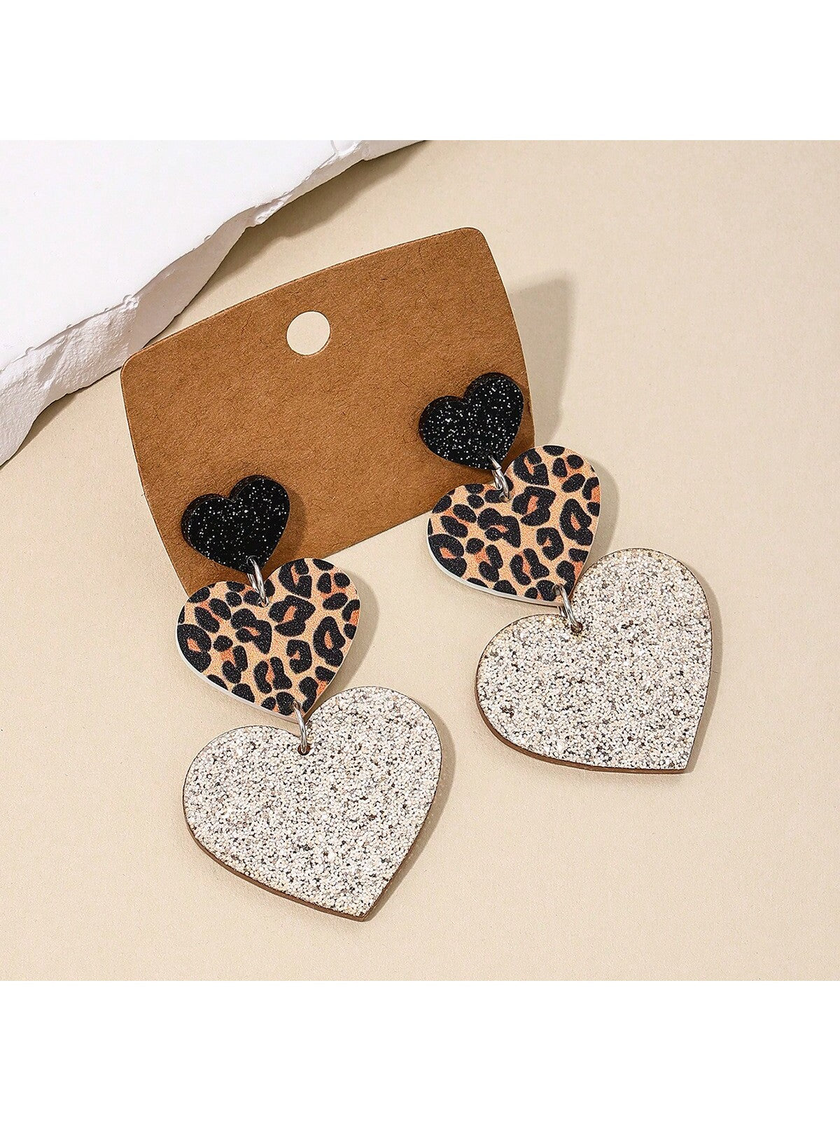 2pcs/Set Acrylic Leopard Print Triple Heart-Shaped Earrings, Retro And Fashionable Street Style Ear Accessories, Suitable For Women To Wear At Parties And Festivals