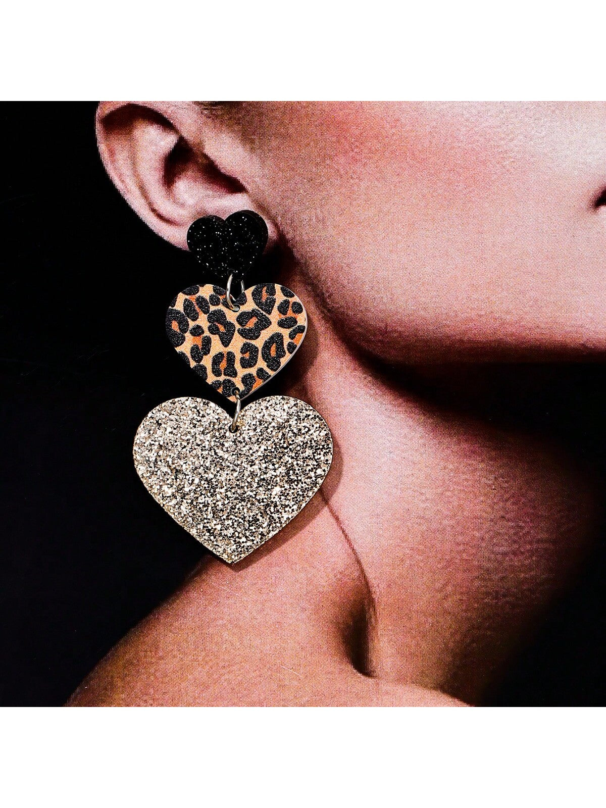 2pcs/Set Acrylic Leopard Print Triple Heart-Shaped Earrings, Retro And Fashionable Street Style Ear Accessories, Suitable For Women To Wear At Parties And Festivals