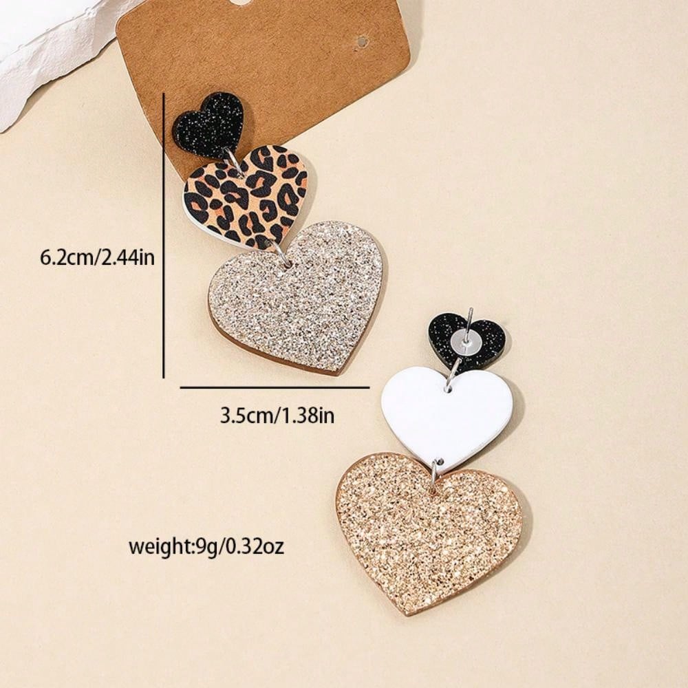 2pcs/Set Acrylic Leopard Print Triple Heart-Shaped Earrings, Retro And Fashionable Street Style Ear Accessories, Suitable For Women To Wear At Parties And Festivals