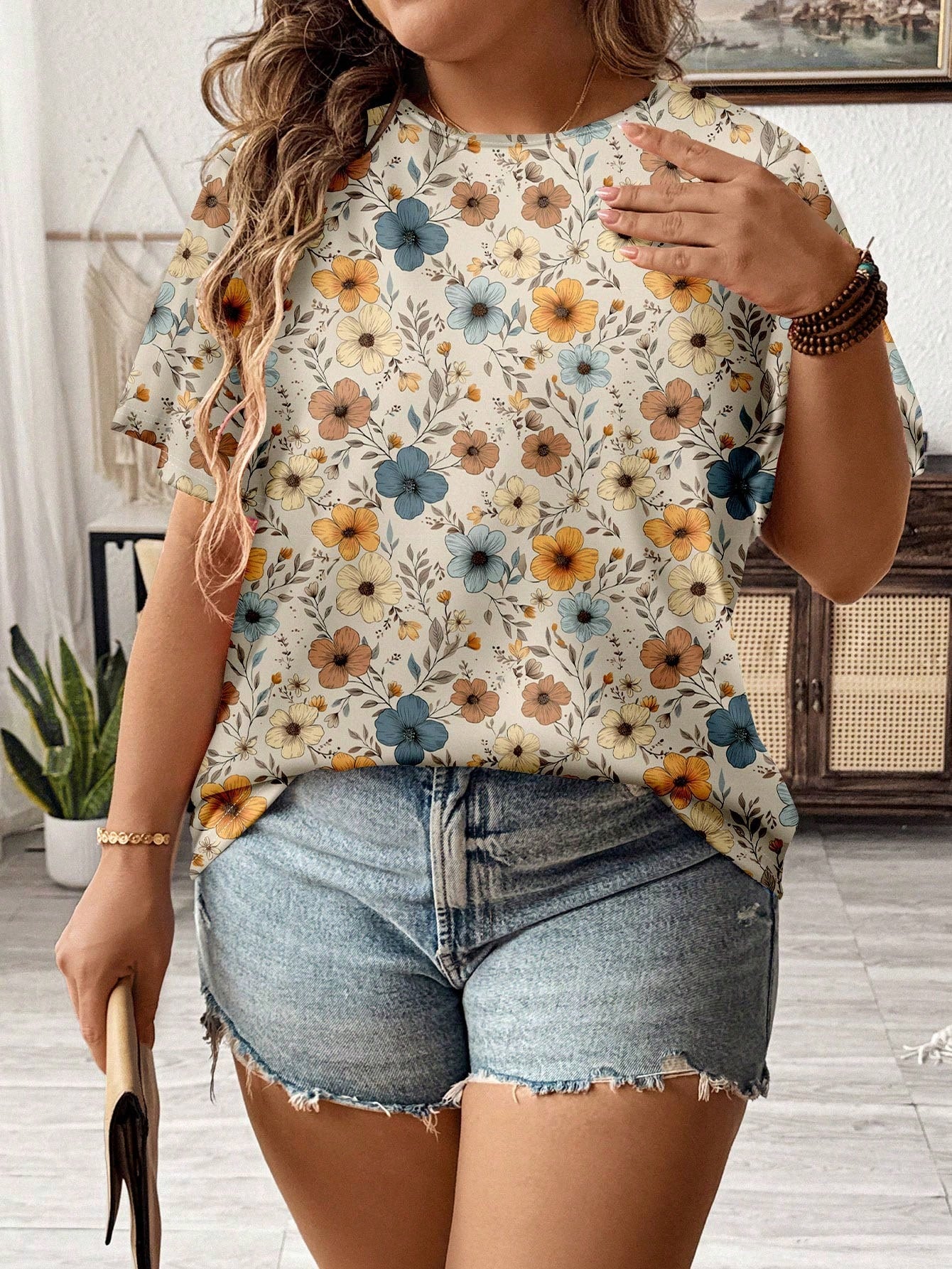 LUNE Casual Floral Pattern Loose Fit Round Neck Short Sleeve Plus Size T-Shirt, Summer