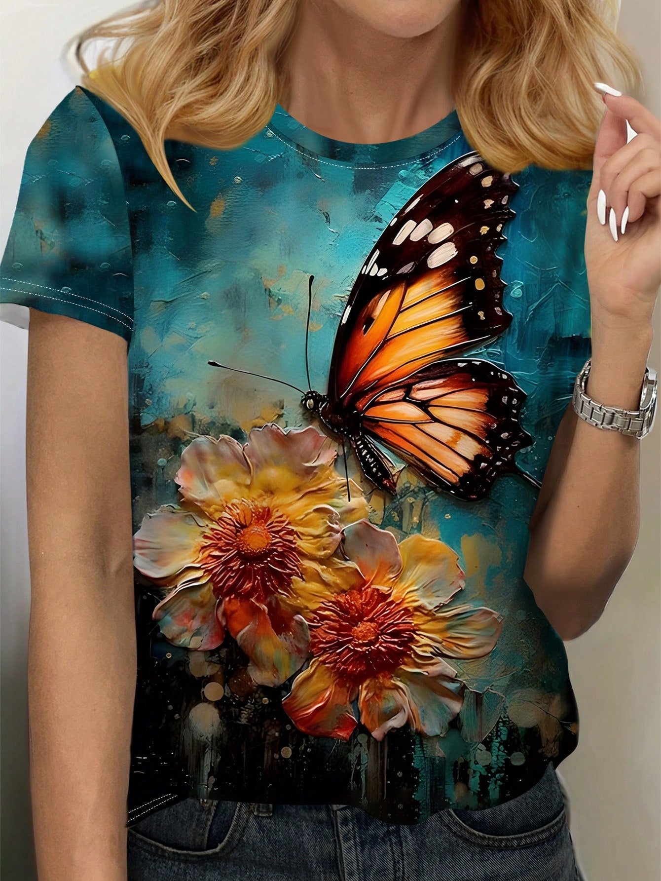 LUNE Women's 3D Effect Ditsy Floral Butterfly Ombre Printed Short Sleeve T-Shirt, Spring/Summer