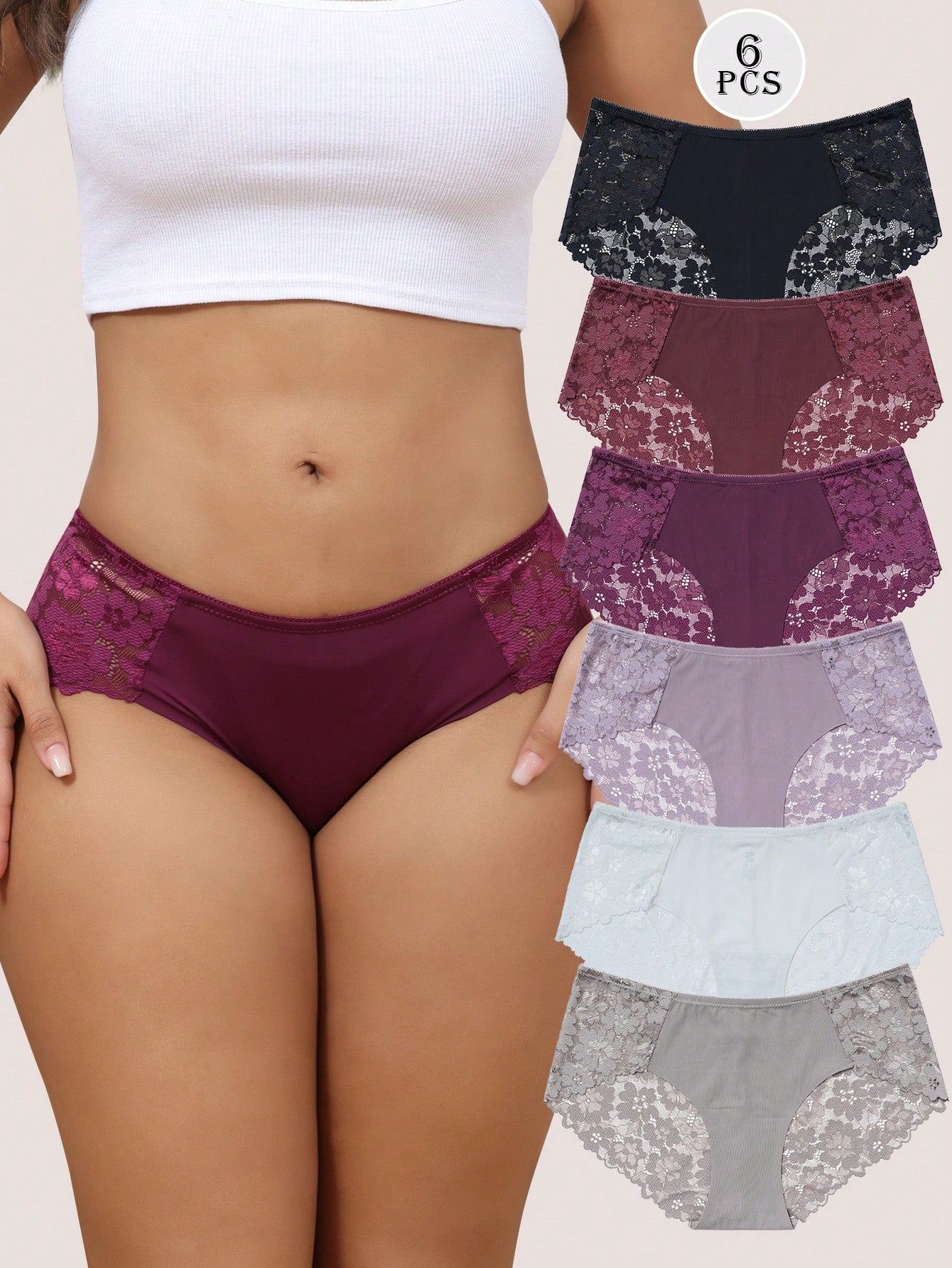 6 Pack Multicolor Lightweight And Comfortable Sexy Lace Women Briefs With Flower Patterns