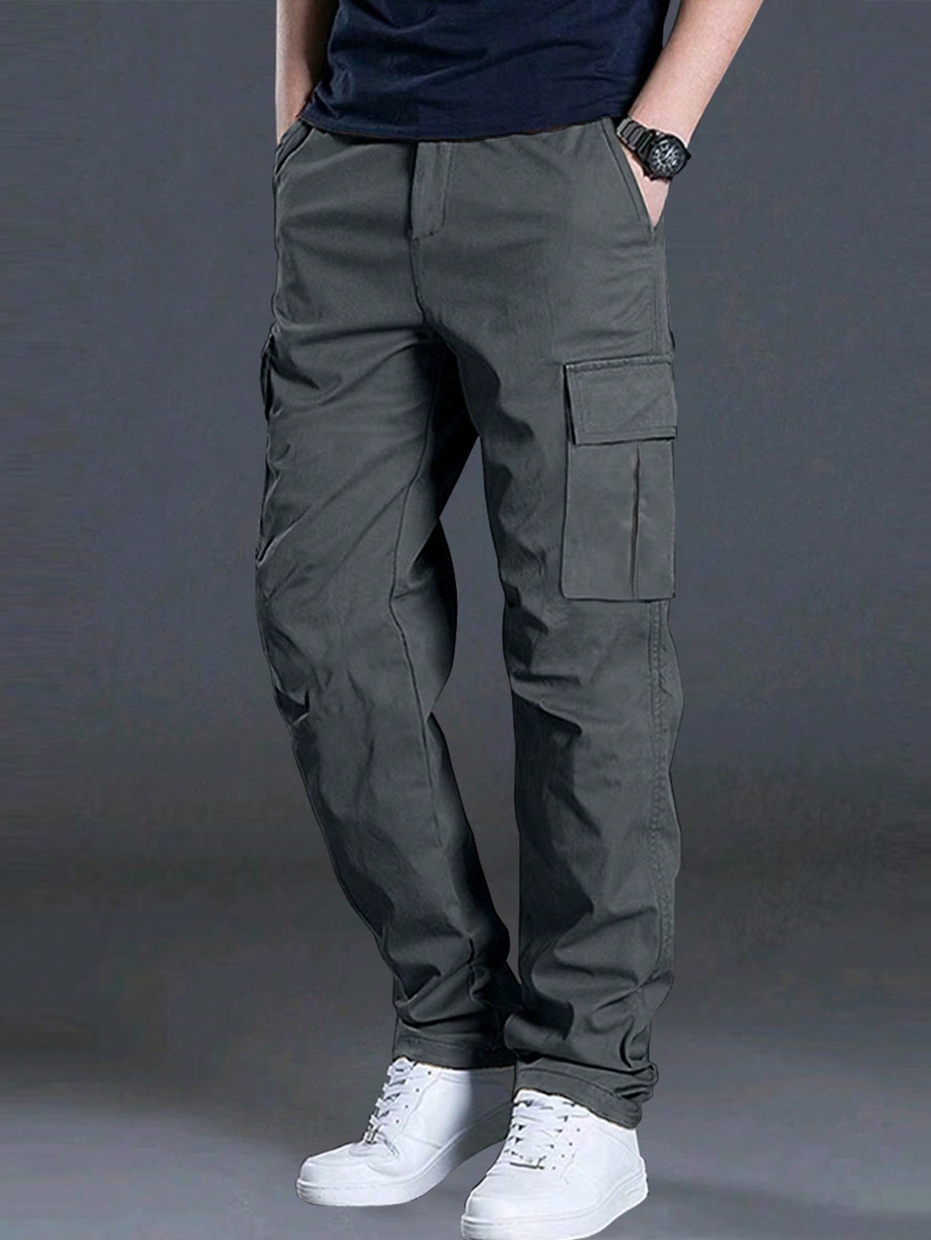 1pc Men Casual Loose Fit Multi-Pocket Straight Leg Cargo Pants, Street Style Regular Fit Sports Relaxed Long Trousers, Spring/Autumn