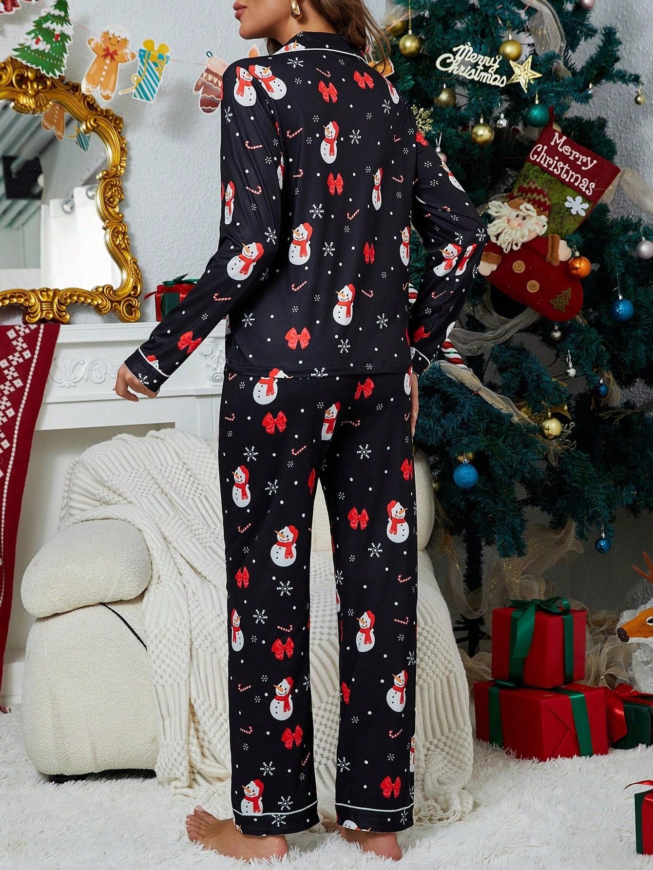 2pcs Comfy Women Christmas Pajama Set - Long Sleeve Top And Pants, Holiday Themed Print, Soft Polyester Blended, Machine Washable, Suitable For Home Wear