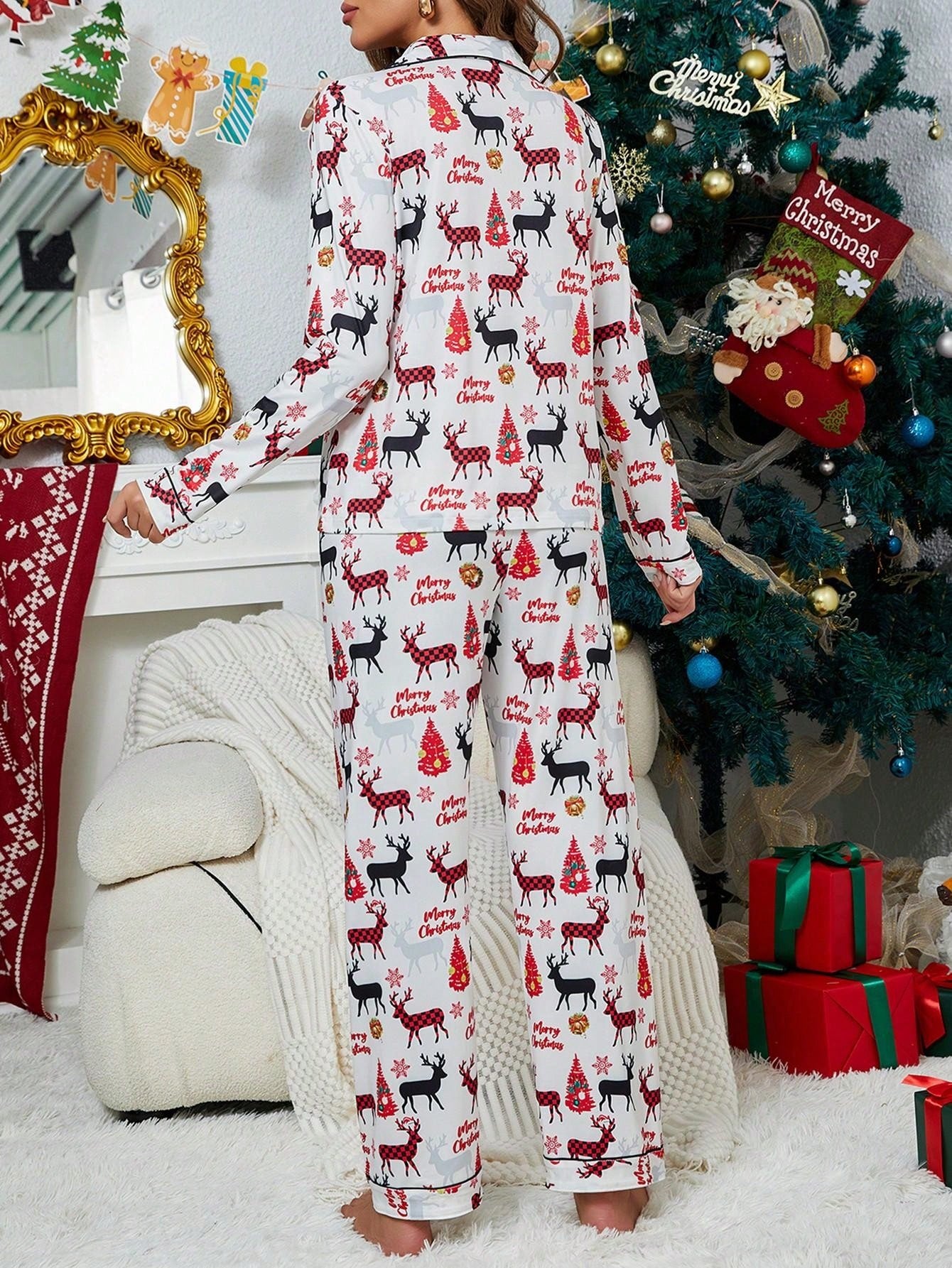 1 Set Women's Christmas Print Pajama Set, Long Sleeve Top With Pocket And Long Pants, Polyester Knit Fabric, Casual Style, Suitable For Autumn/Winter Adult Sleepwear