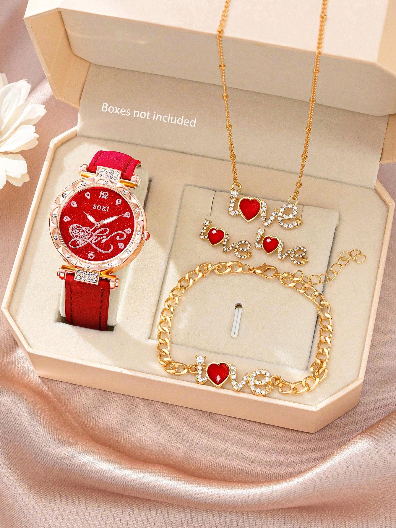 Ladies Watch 1Pc Fashion Gorgeous Heart Digital Dial Quartz Watch And 4 Pcs/Set Love Necklace Earrings Rings Jewelry Set Christmas, New Year's Day, Valentine's Day,The Best Gift For A Lady(No Box) Valentines