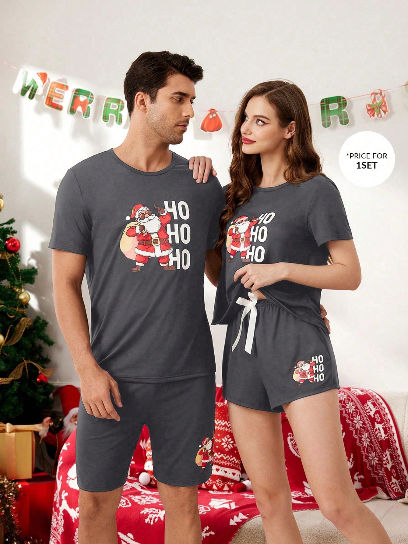 CoupledUp Santa Claus Print Short Sleeve Top & Shorts Pajama Set For Men, For Christmas