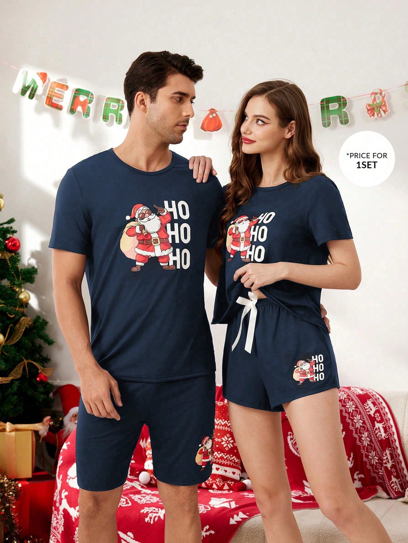 CoupledUp Santa Claus Print Short Sleeve Top & Shorts Pajama Set For Men, For Christmas