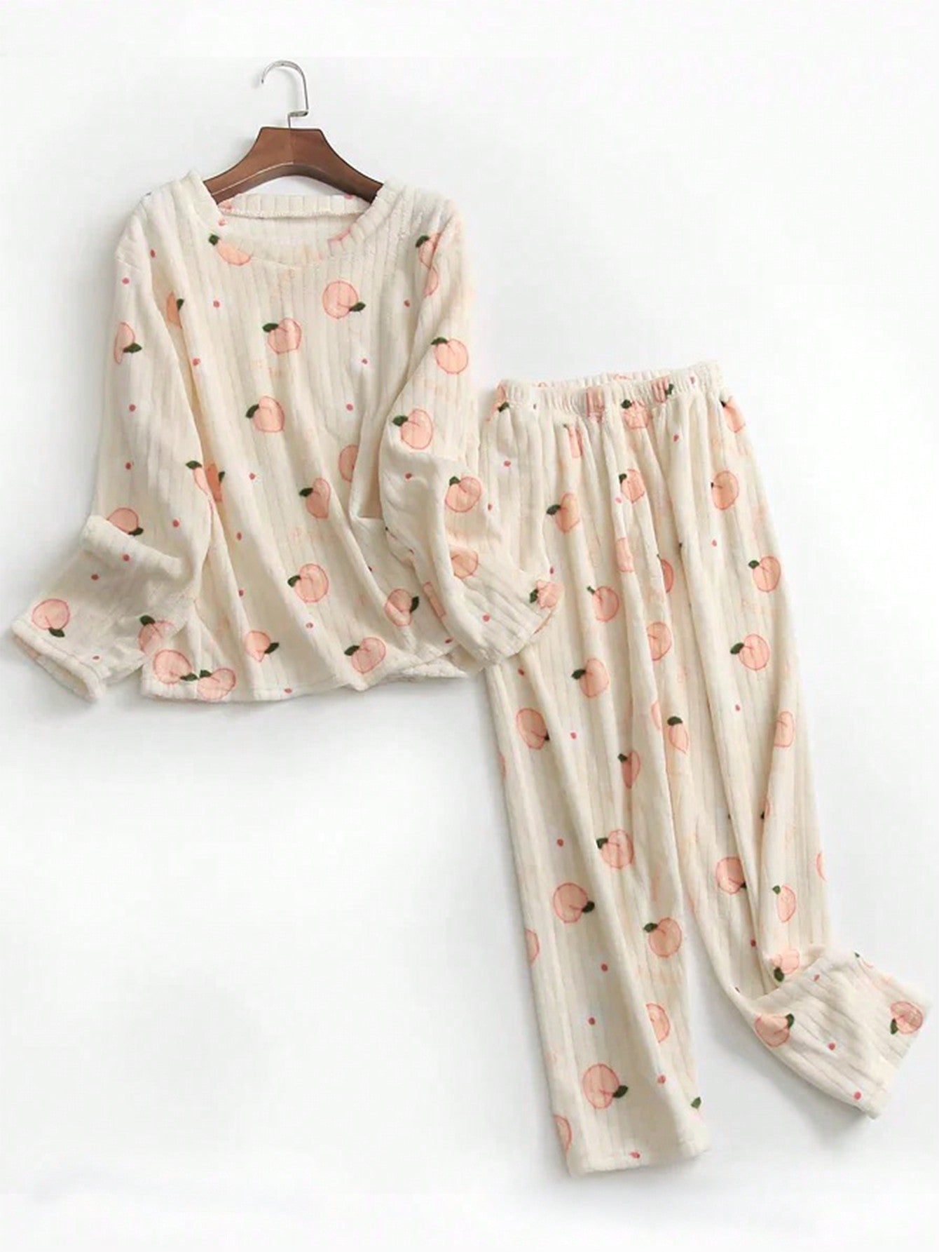 2pcs Winter Coral Fleece Pajama Set, Warm Sleepwear Pants, Fresh Fruit Print Lounge Set