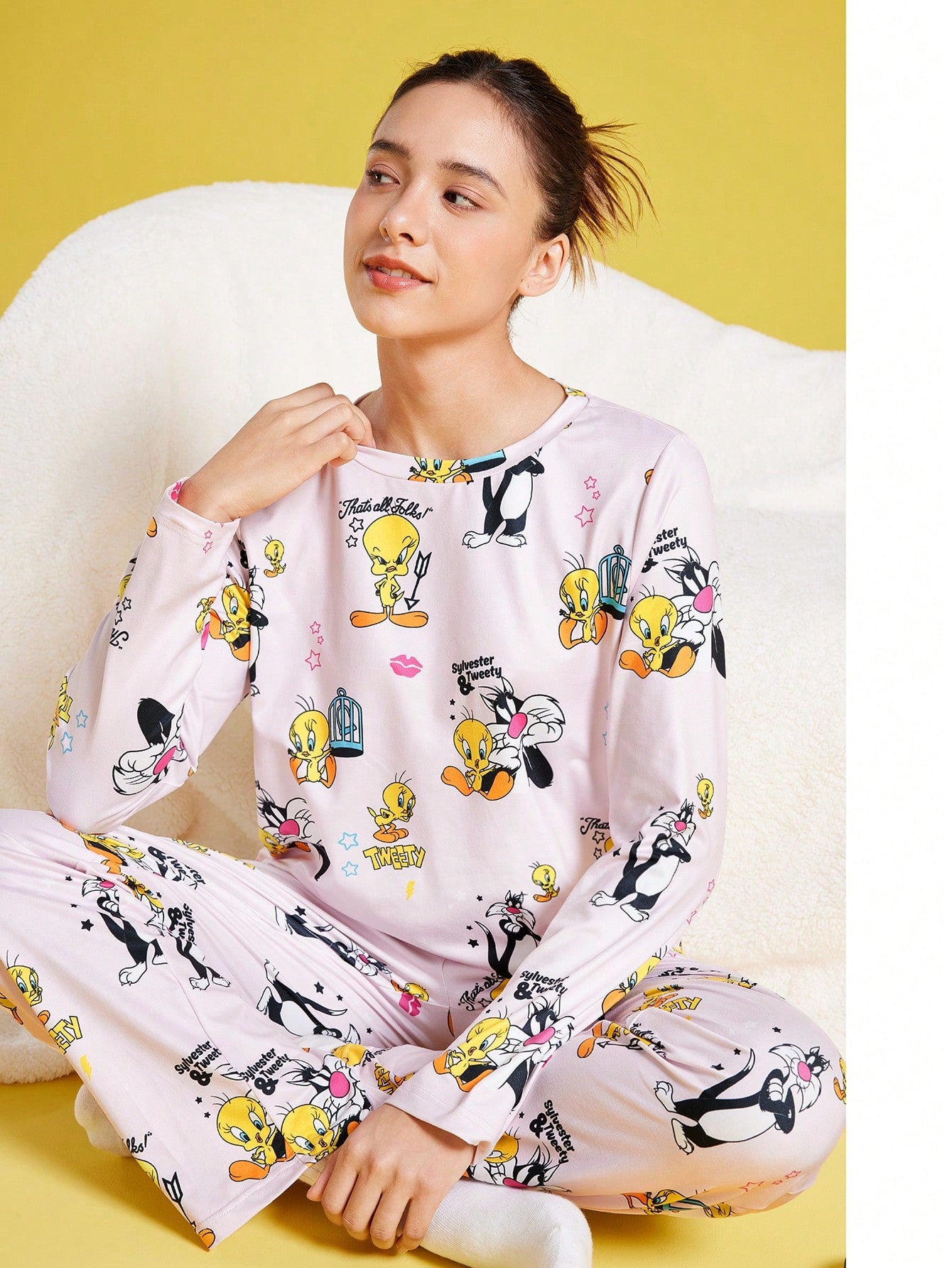 LOONEY TUNES X SHEIN Women Cartoon Print Long Sleeve Top And Pants Loose Pajamas Set