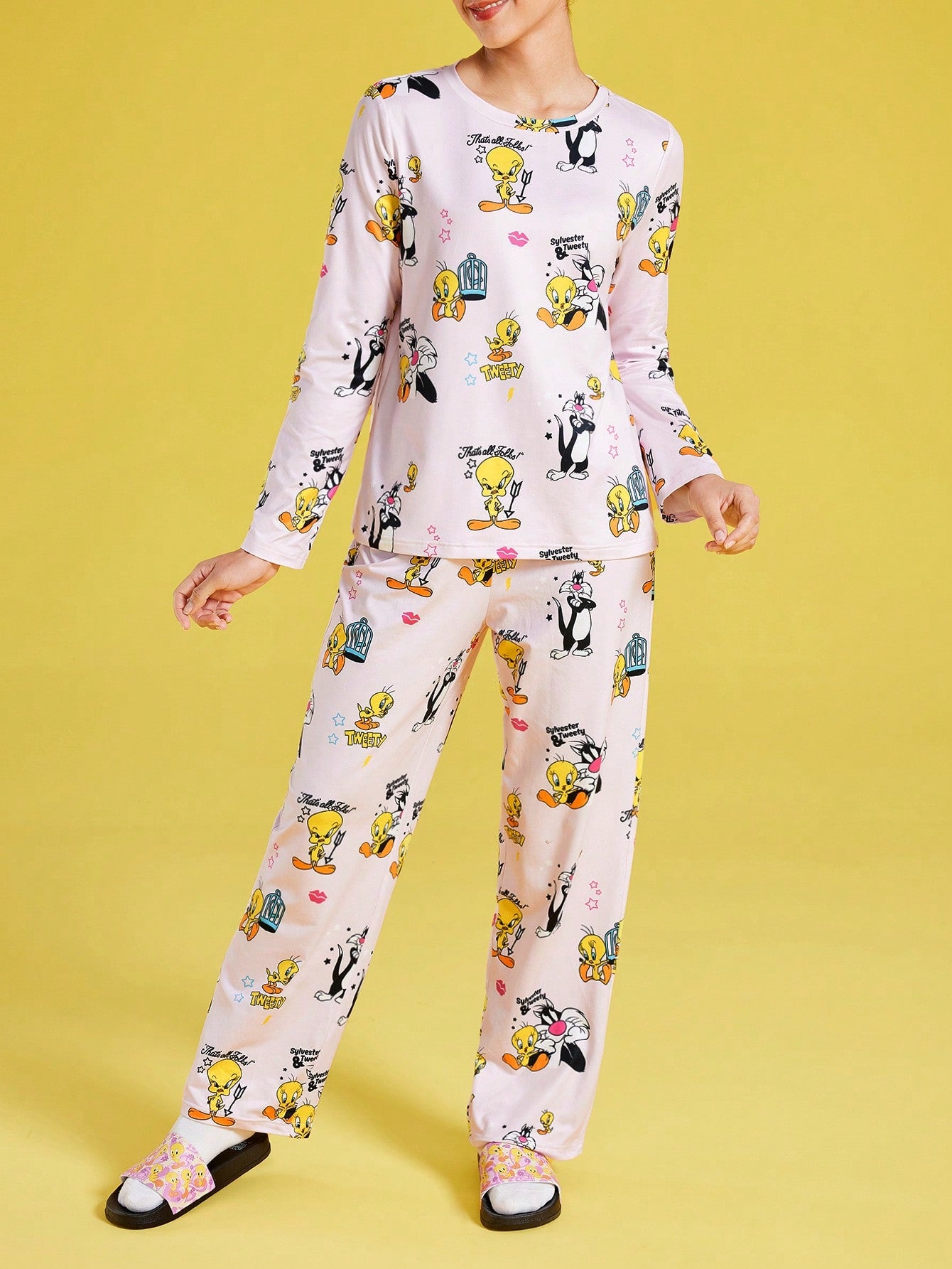 LOONEY TUNES X SHEIN Women Cartoon Print Long Sleeve Top And Pants Loose Pajamas Set