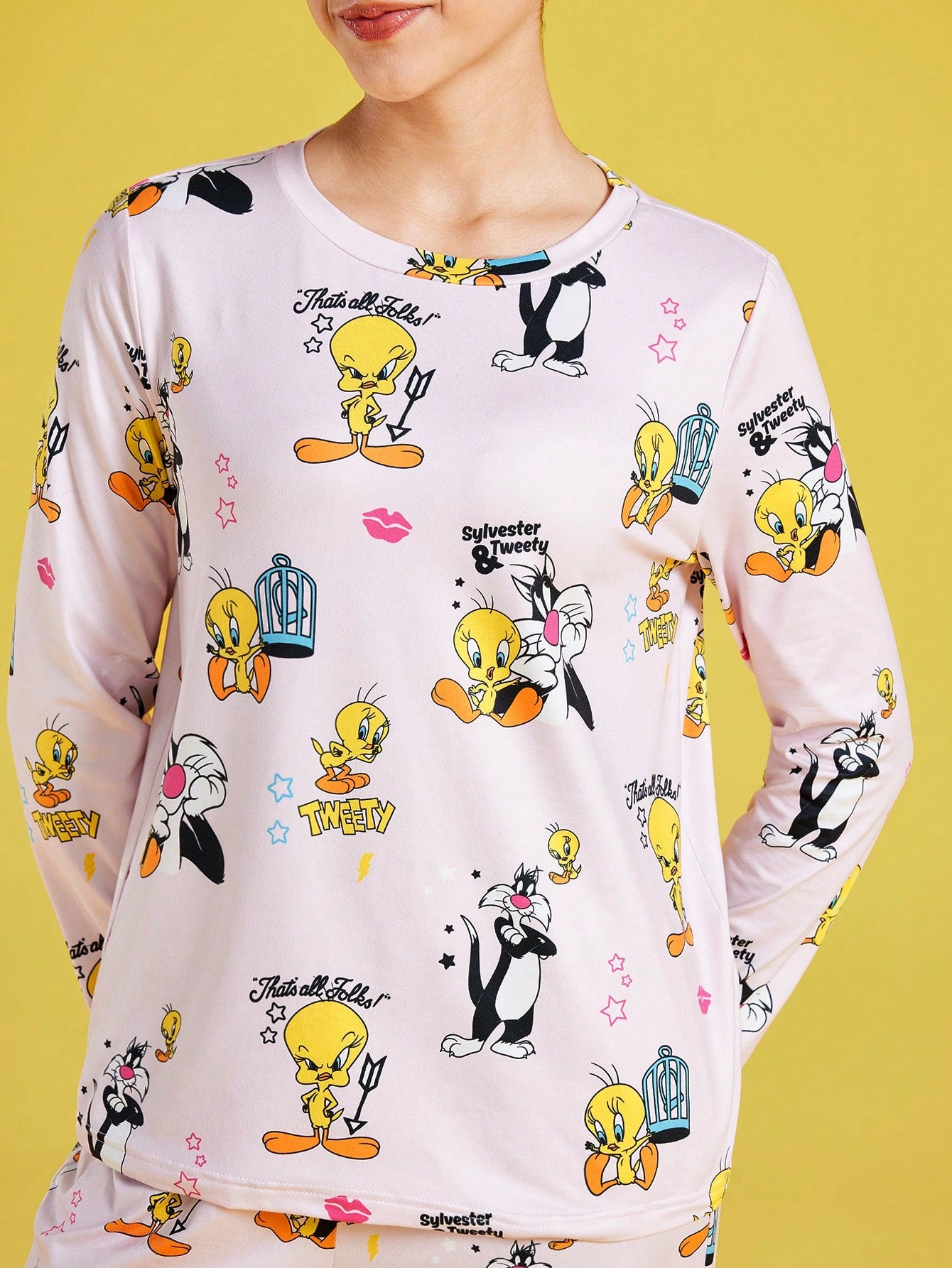 LOONEY TUNES X SHEIN Women Cartoon Print Long Sleeve Top And Pants Loose Pajamas Set