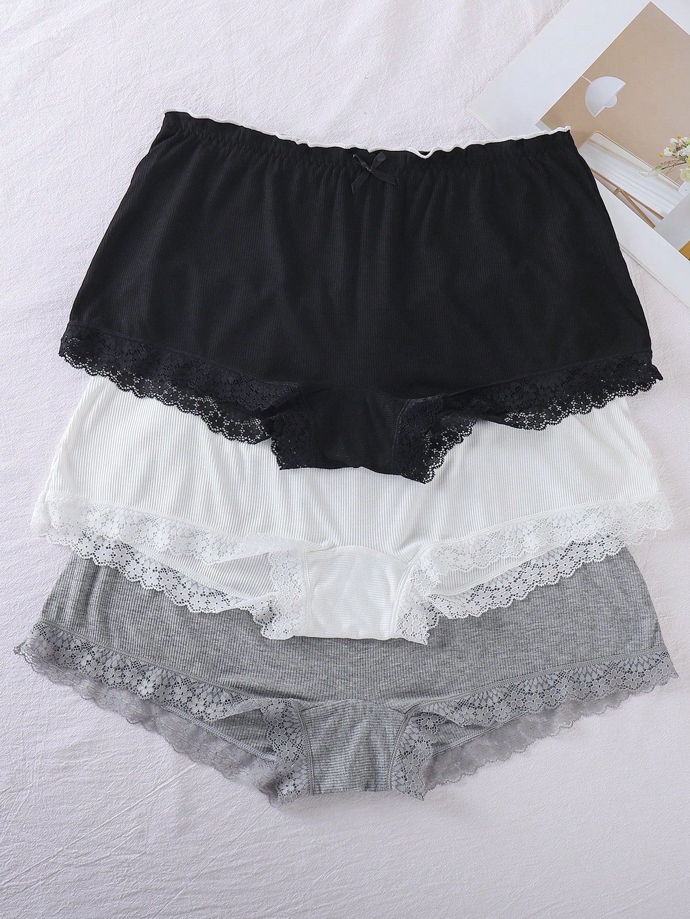 3pcs/Set Plus Size Women Casual Lace Trim Waist Panties