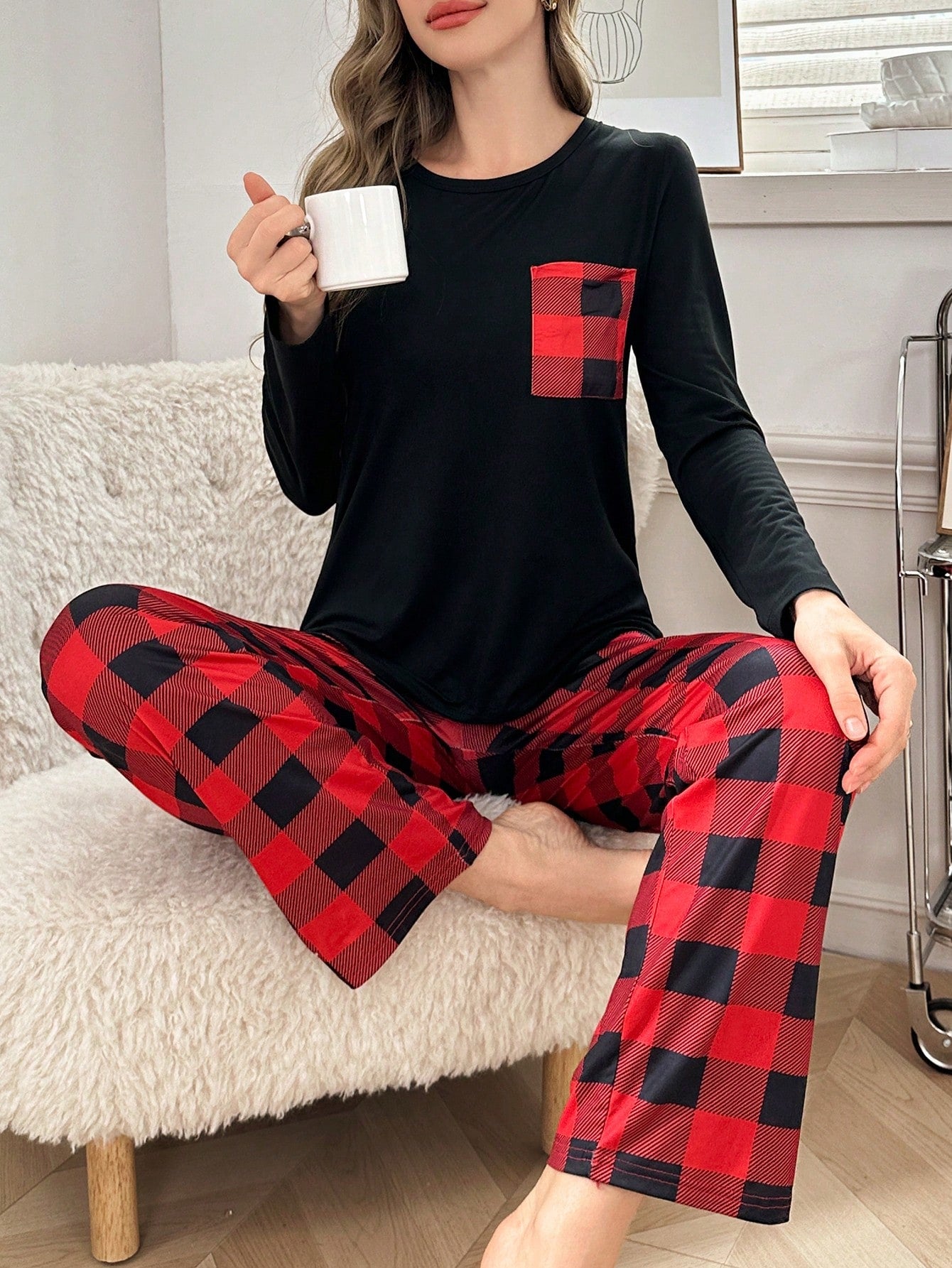 Plaid Pocket Print Crew Neck Long Sleeve Pajama Set