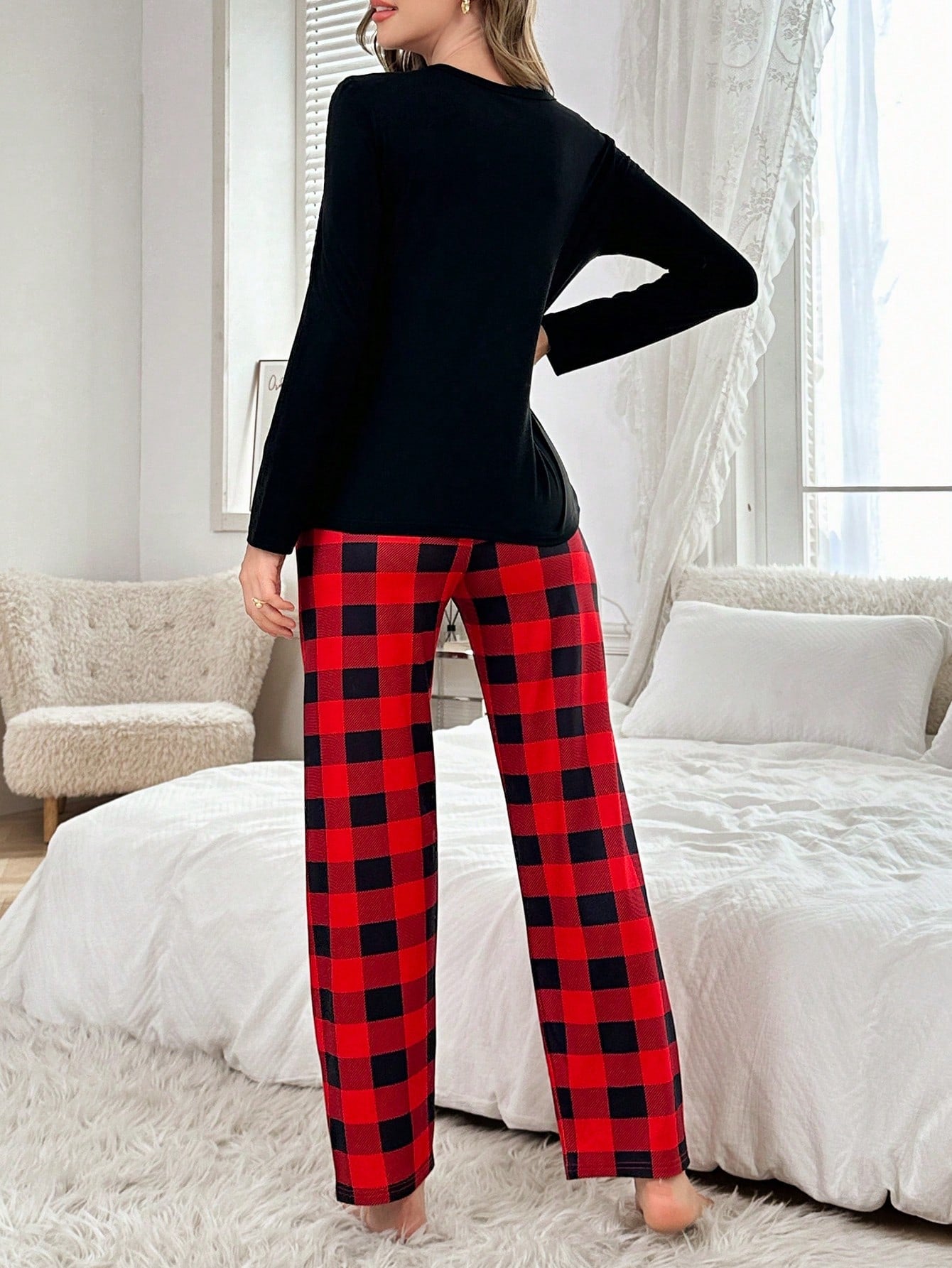 Plaid Pocket Print Crew Neck Long Sleeve Pajama Set