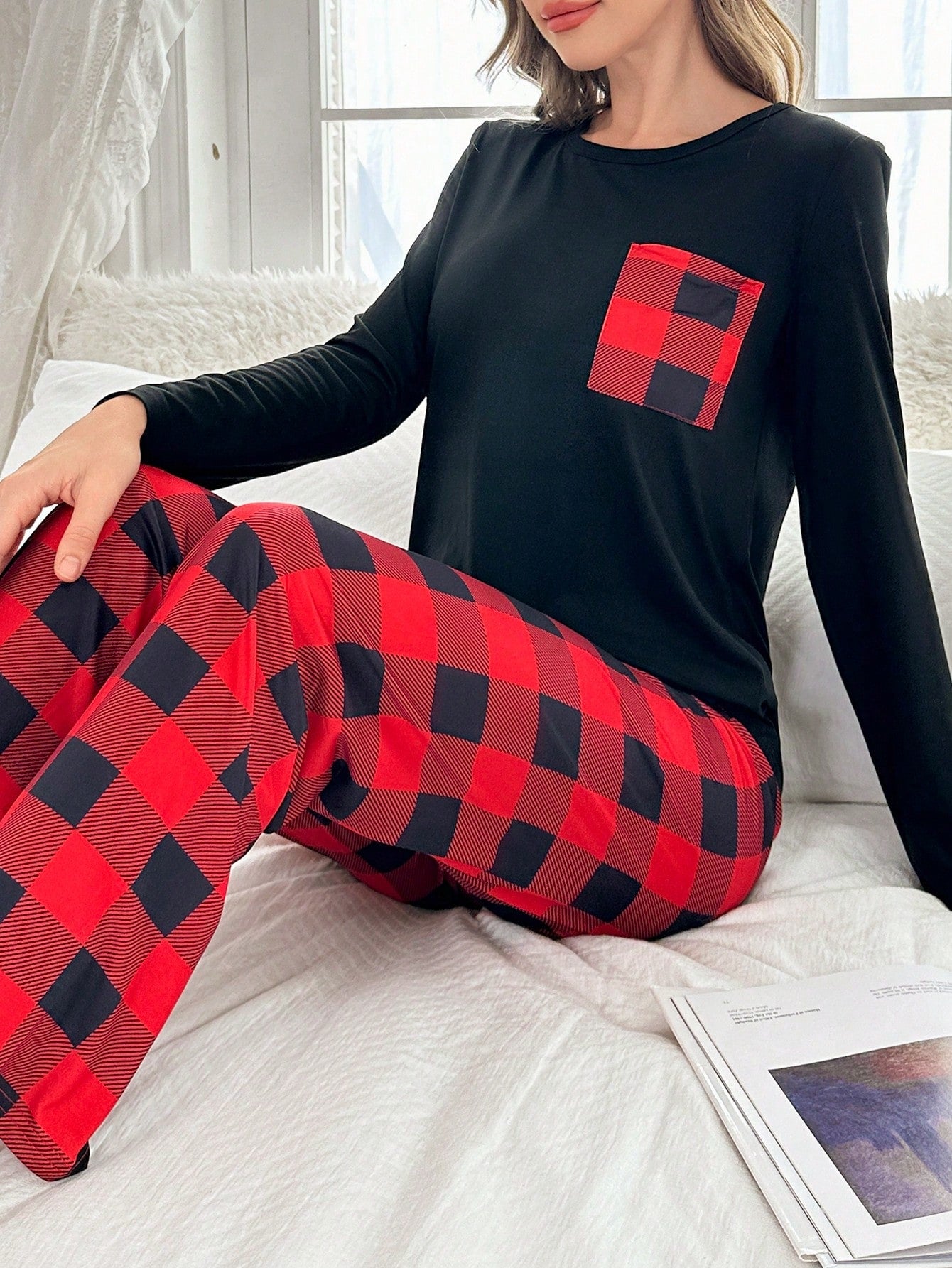 Plaid Pocket Print Crew Neck Long Sleeve Pajama Set