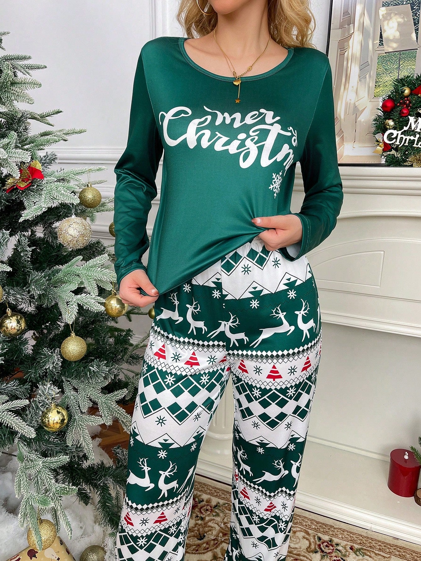 Christmas Element Graphic Print Round Neck Long Sleeve Loungewear Set