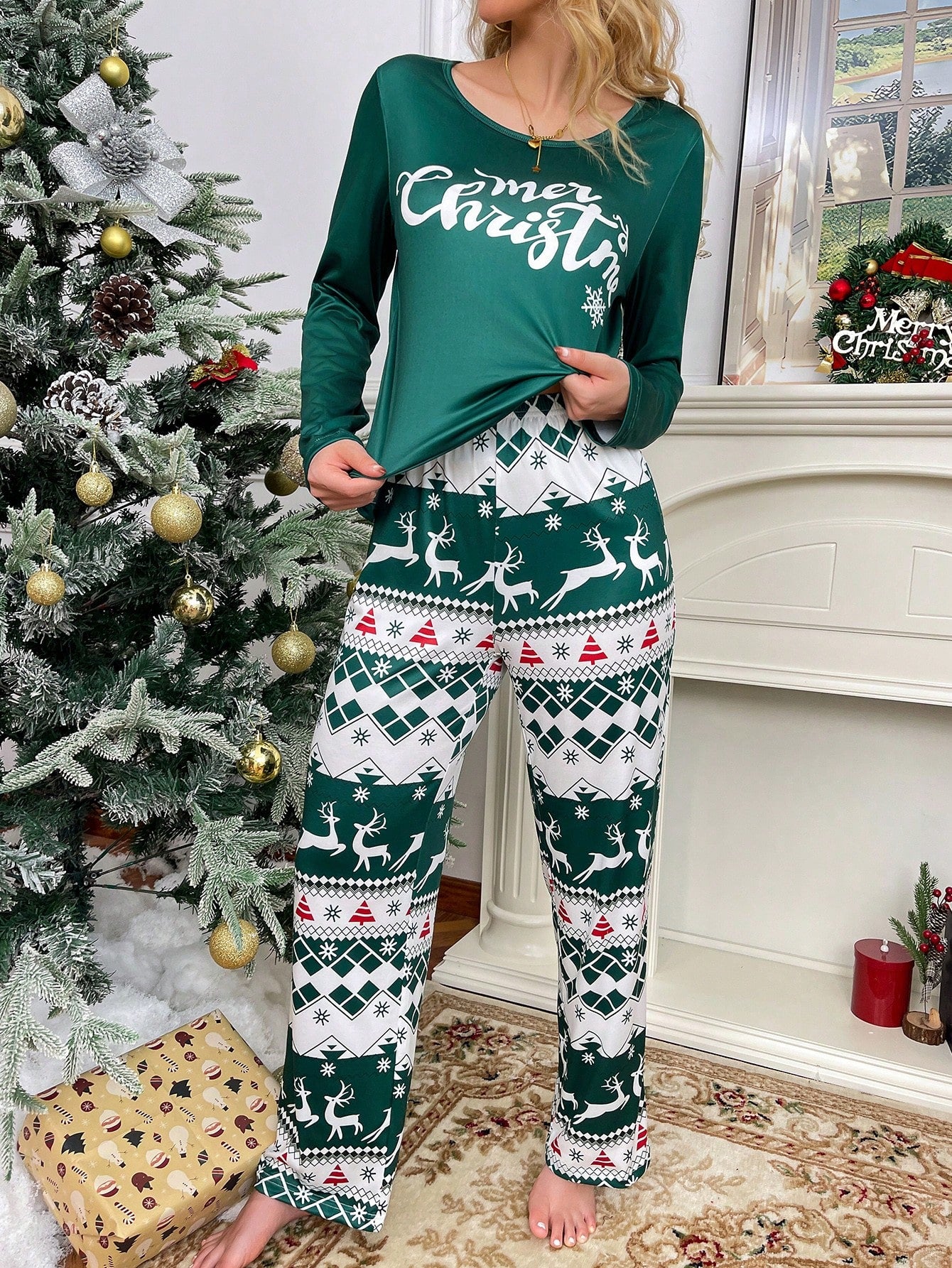 Christmas Element Graphic Print Round Neck Long Sleeve Loungewear Set