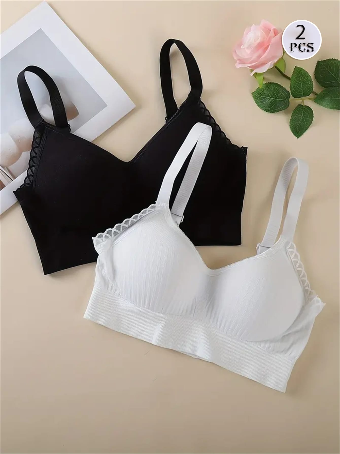 2pcs Lace Trim Soft Seamless Bras, Comfortable Daily Support T-Shirt Bras, Elegant Multi-Functional Set, Breathable Cup