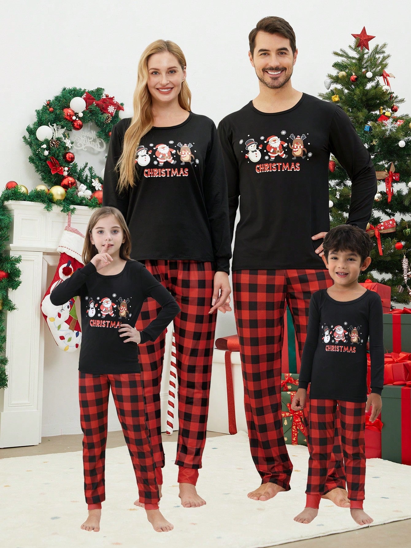 2pcs Set Men Christmas Matching Family Pajamas Set, Santa Claus, Snowman, Deer Print Plaid Long Sleeve Top And Long Pants, Holiday Cozy Homewear Suit