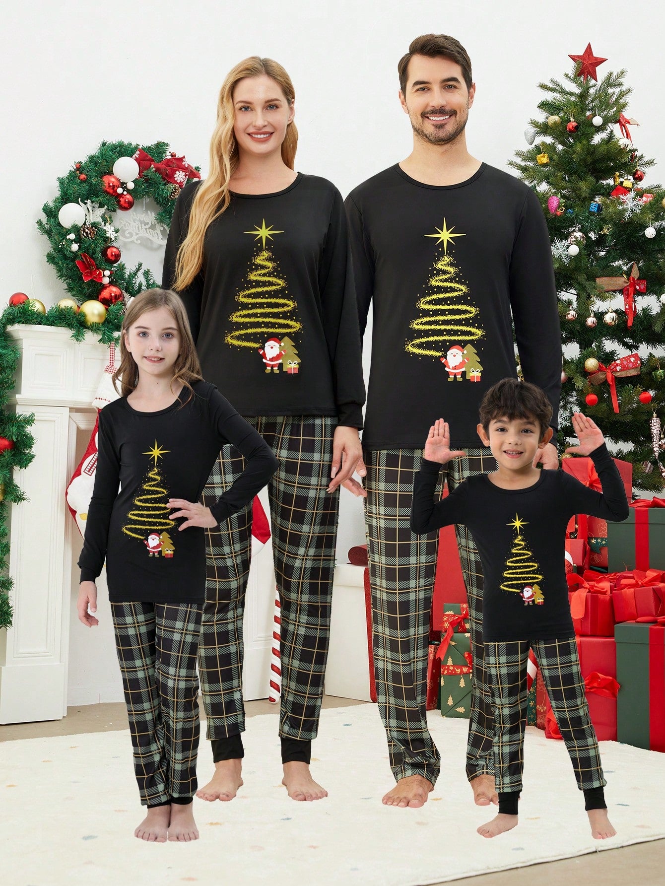 2pcs/Set Men's Christmas Family Matching Pajamas Magical Christmas Tree Print Plaid Long Sleeve Top And Pants, Cozy Holiday Loungewear