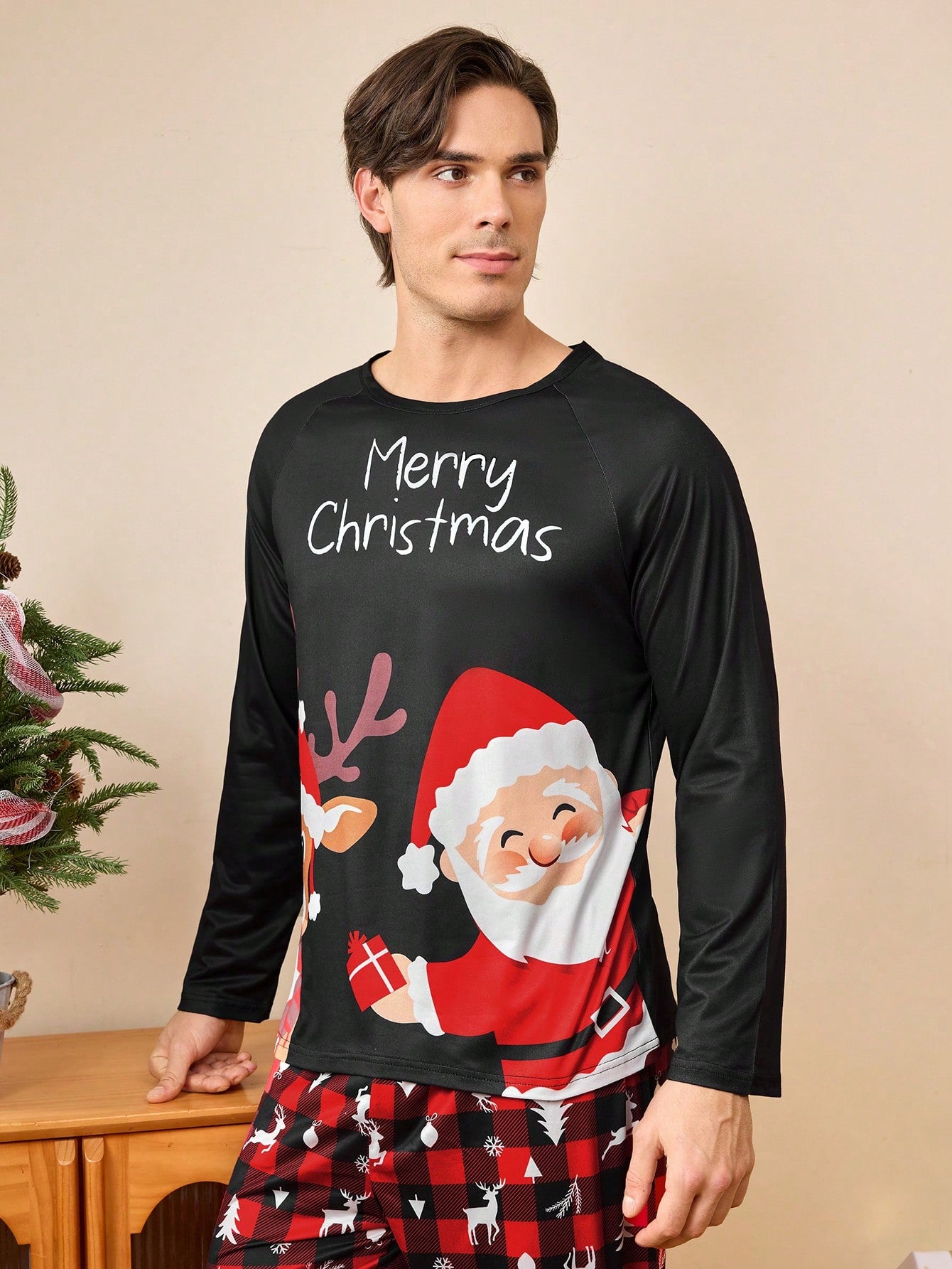 Men's Christmas Print Round Neck Long Sleeve Casual Loungewear Top