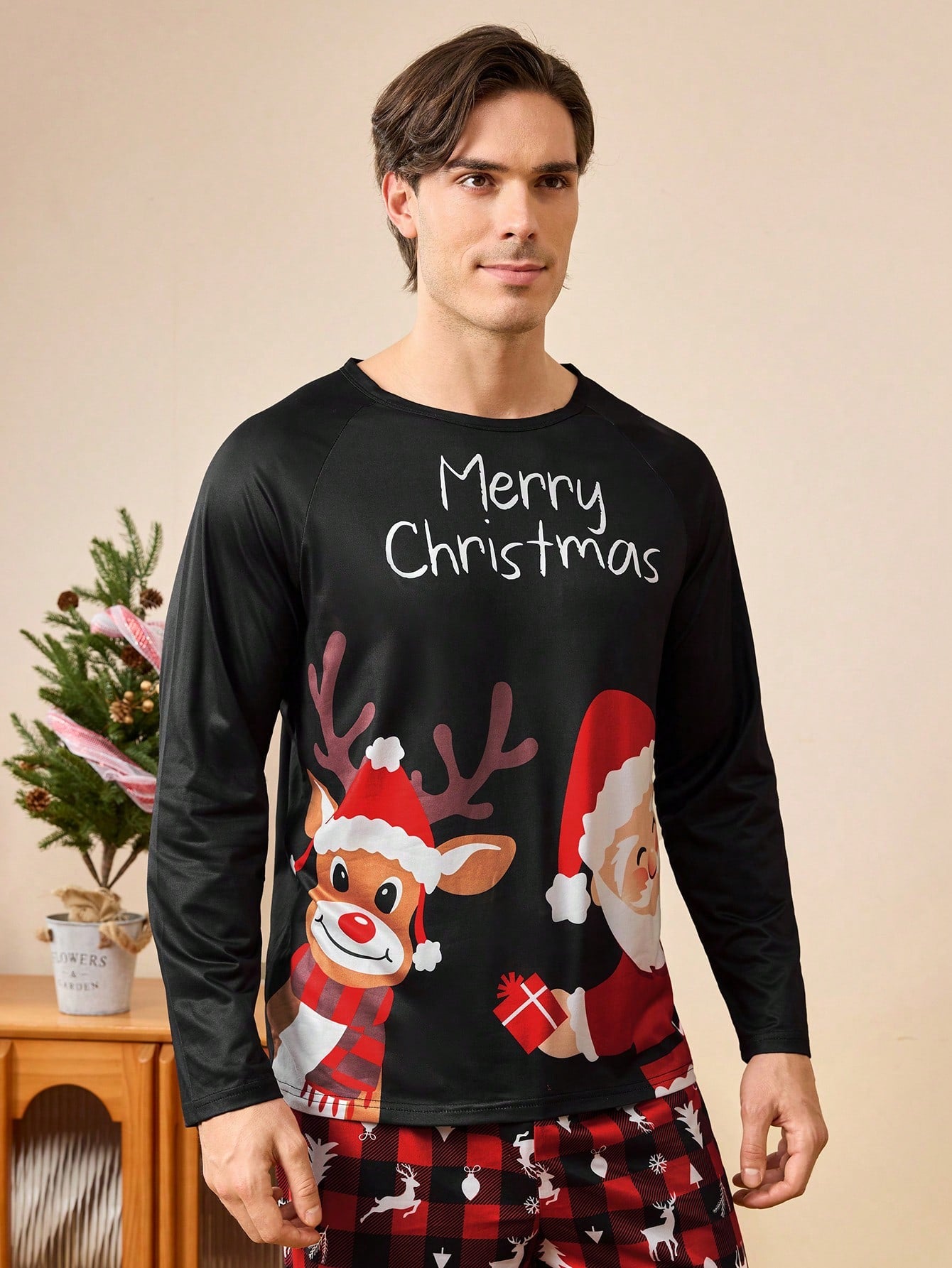 Men's Christmas Print Round Neck Long Sleeve Casual Loungewear Top