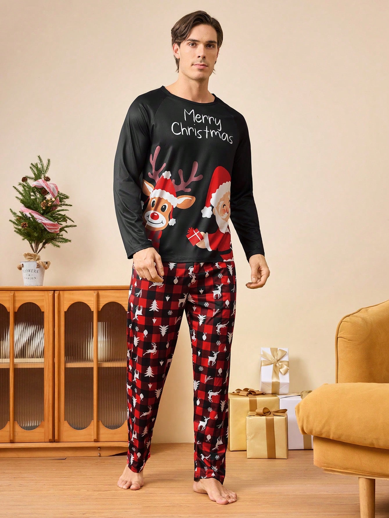 Men's Christmas Print Round Neck Long Sleeve Casual Loungewear Top