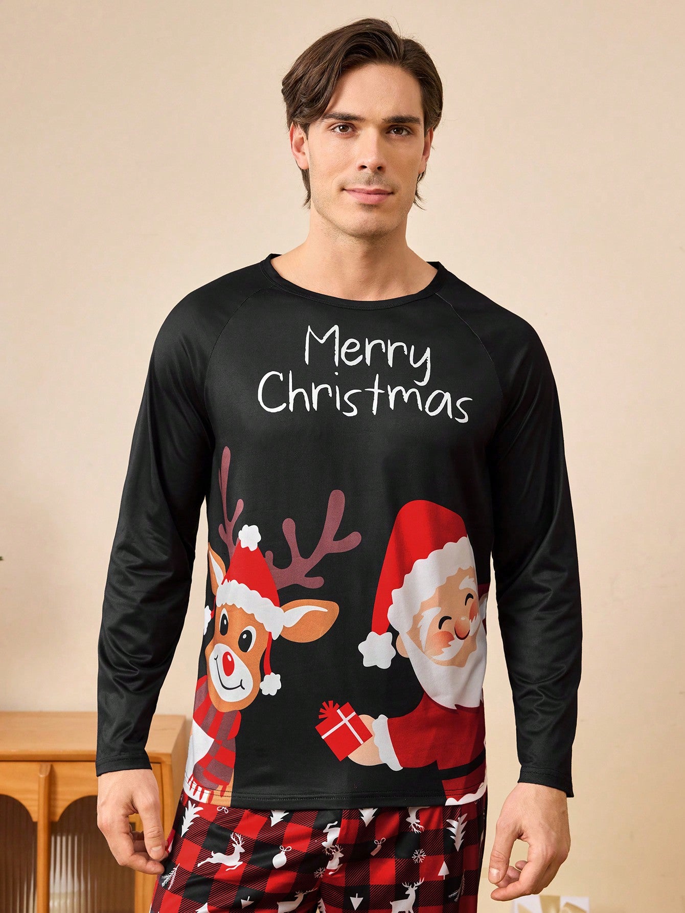 Men's Christmas Print Round Neck Long Sleeve Casual Loungewear Top