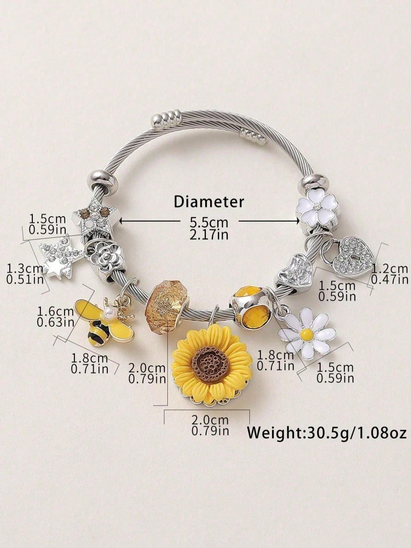 1pc Fashionable Elegant Versatile Luxury Faux Diamond Resin Sunflower, Daisy, Bee & Star Pattern Stainless Steel Bangle Bracelet, Gift For Parties, Nightclubs, Banquets, Vacations & Everyday Wear