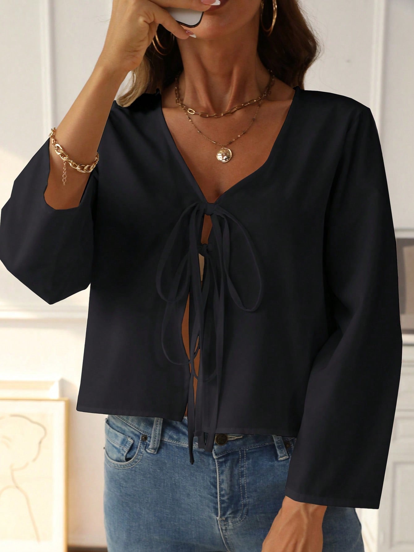 LUNE Solid Tie Front Drop Shoulder Blouse