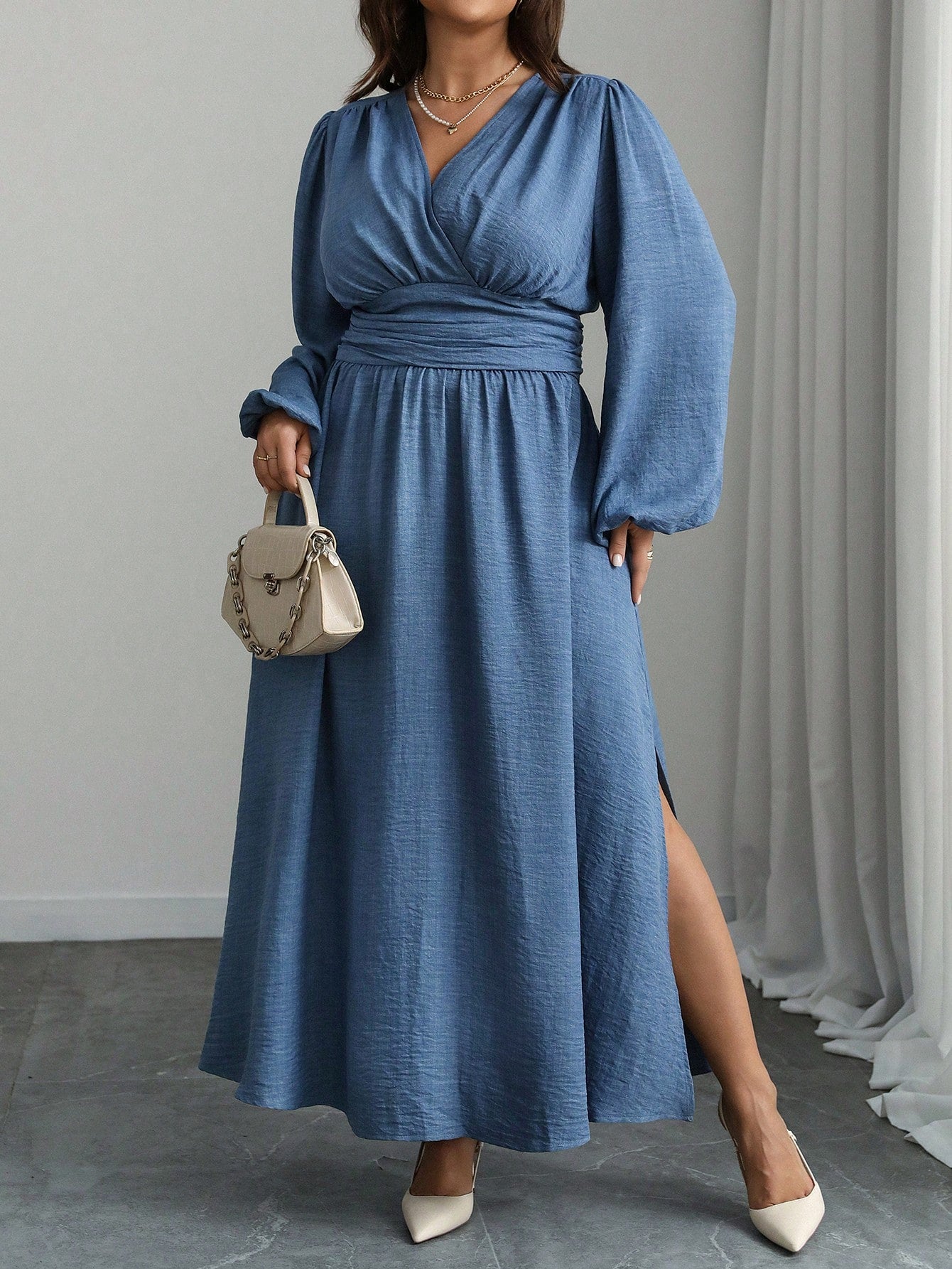 Frenchy Plus Size V-Neck Lantern Sleeve High Slit Dress