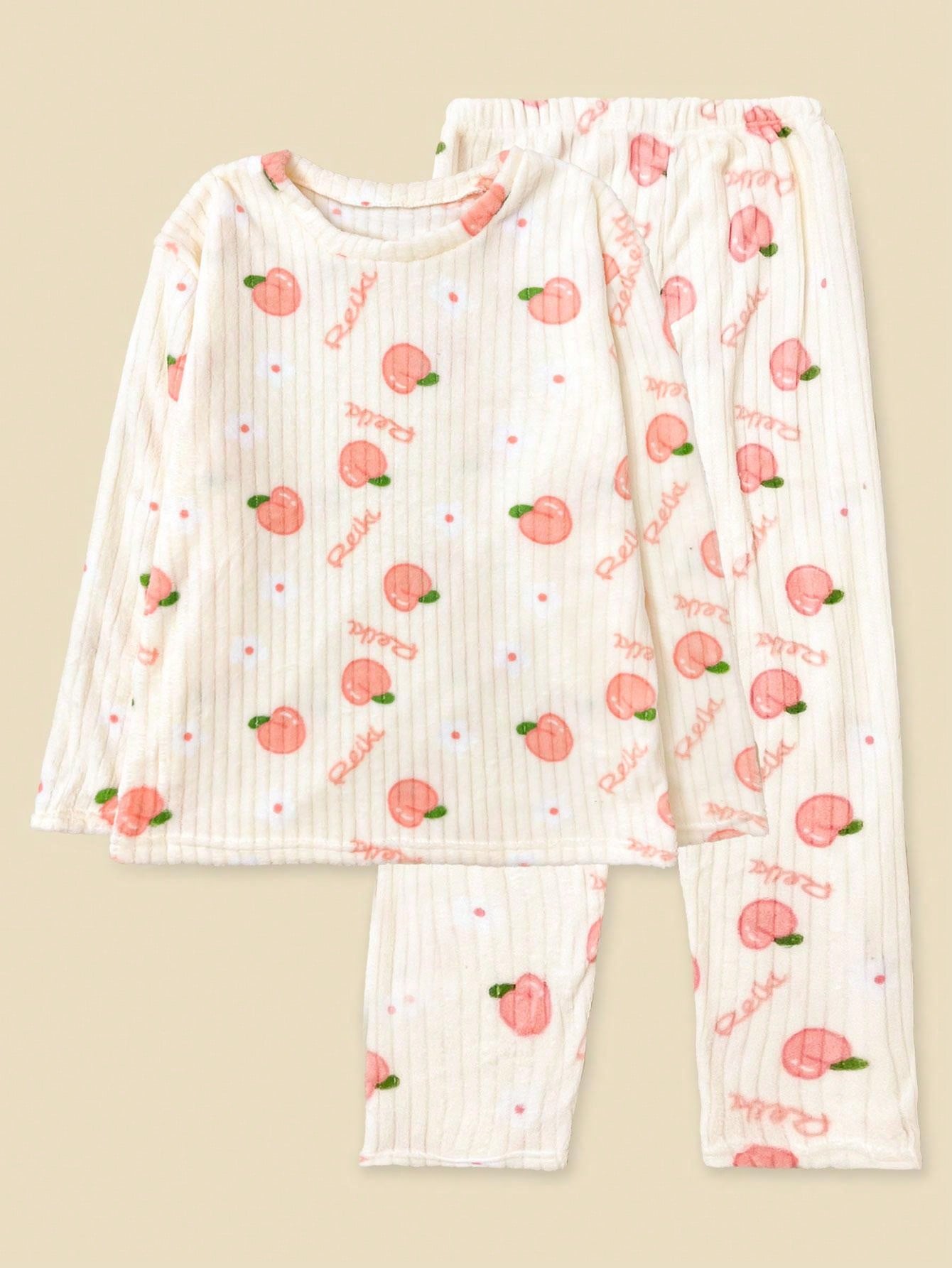 2pcs Winter Coral Fleece Pajama Set, Warm Sleepwear Pants, Fresh Fruit Print Lounge Set