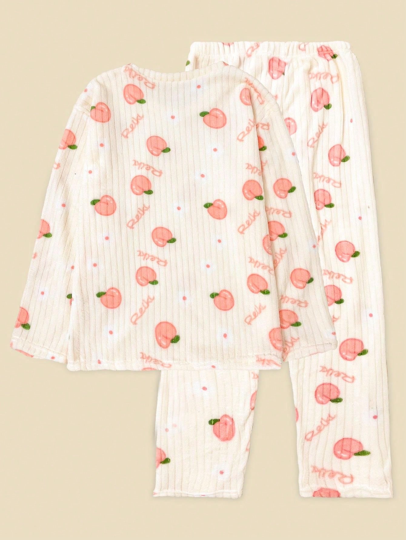 2pcs Winter Coral Fleece Pajama Set, Warm Sleepwear Pants, Fresh Fruit Print Lounge Set