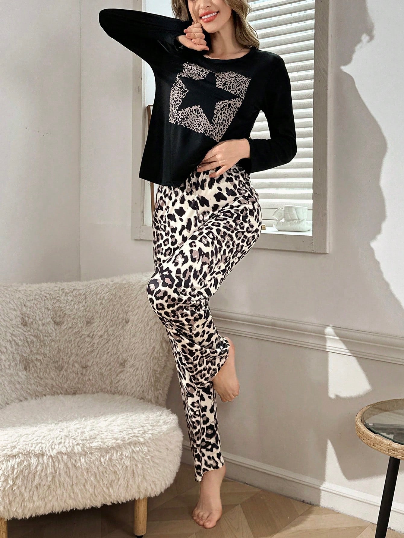 Coupled Up Leopard Print Casual Style Women Pajama Set