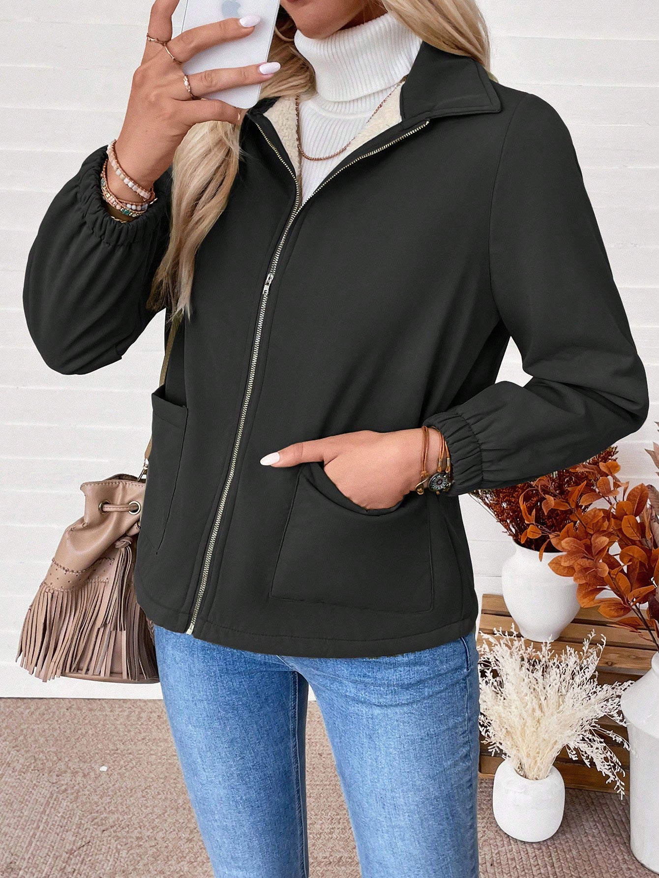 LUNE Women Solid Color Long Sleeve Zip Up Fleece Casual Jacket, Autumn/Winter