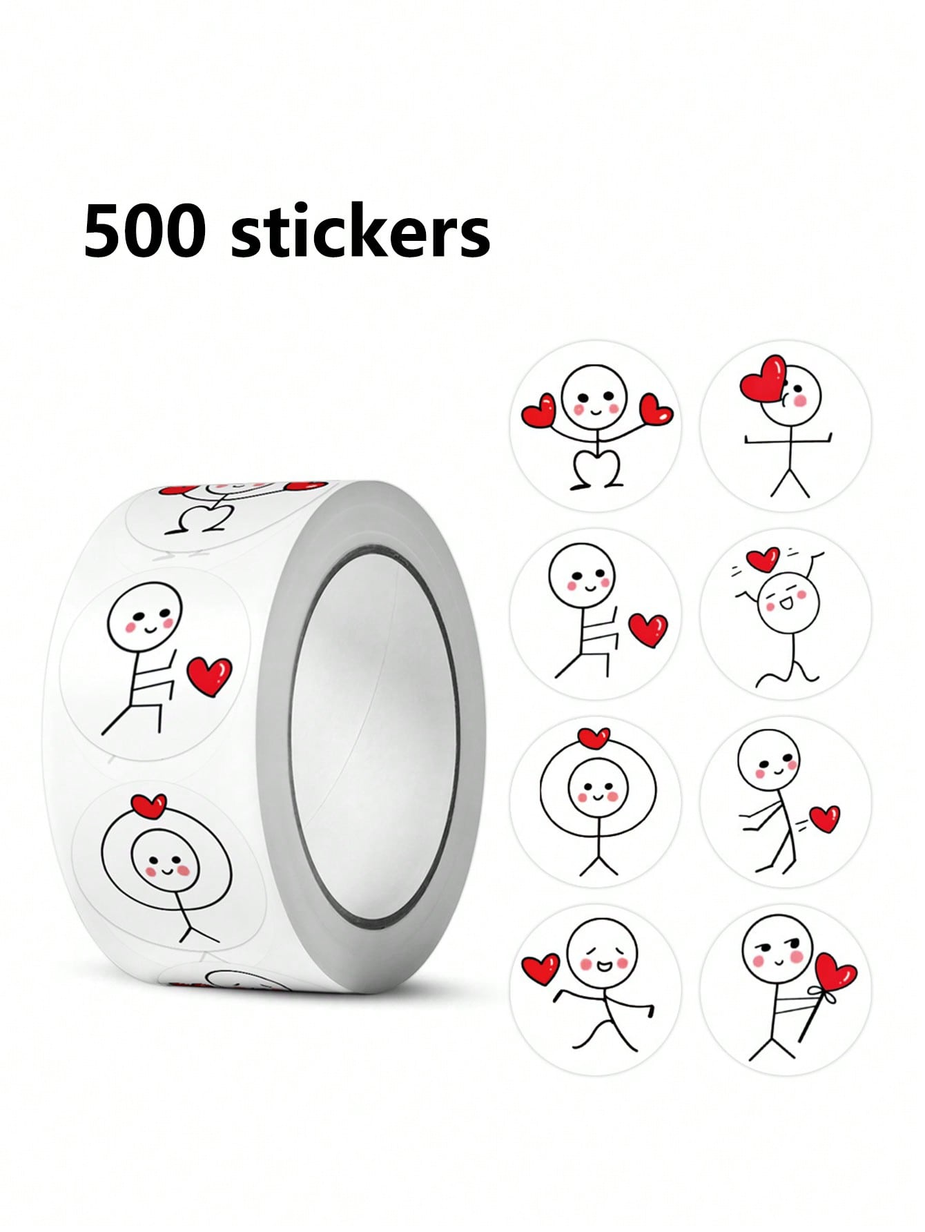 500 Sheets/Roll Cartoon Match Cartoon Creative Label Round Diary Sticker Valentine's Day Stickman Love You Sticker Gift Letter Sealed Envelope Flower Decoration 1 Inch Heart-Shaped Label