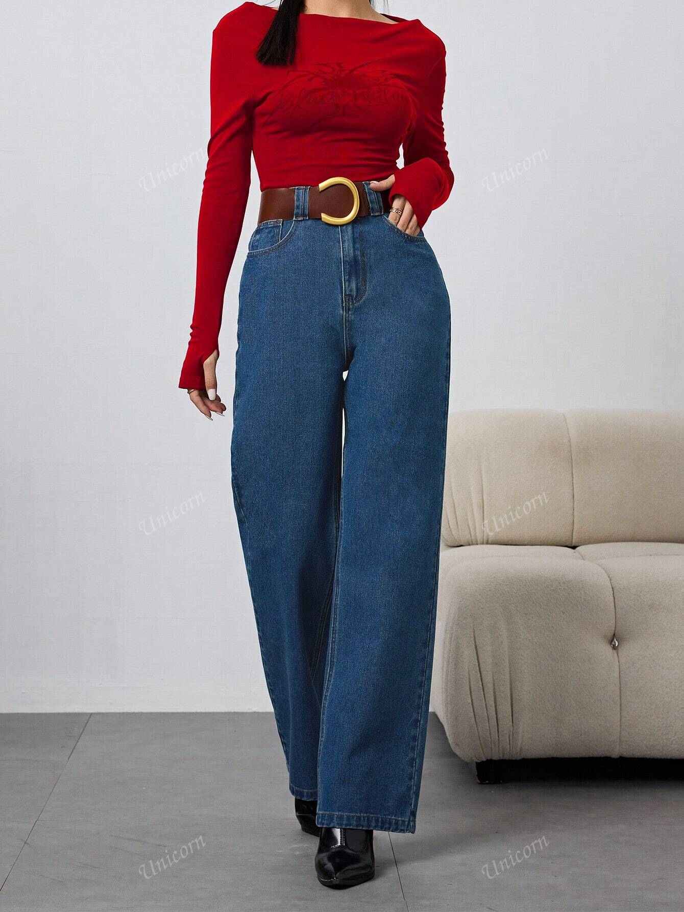 Design Jeans Autumn Retro High-Waisted Straight Pants Casual Pants Women (No Belt)