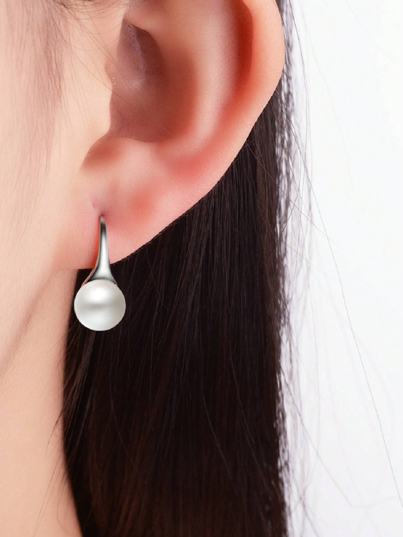 1pair 925 Sterling Silver 10mm Pearl Drop Earrings, Women's Jewelry Ear Hook Earrings