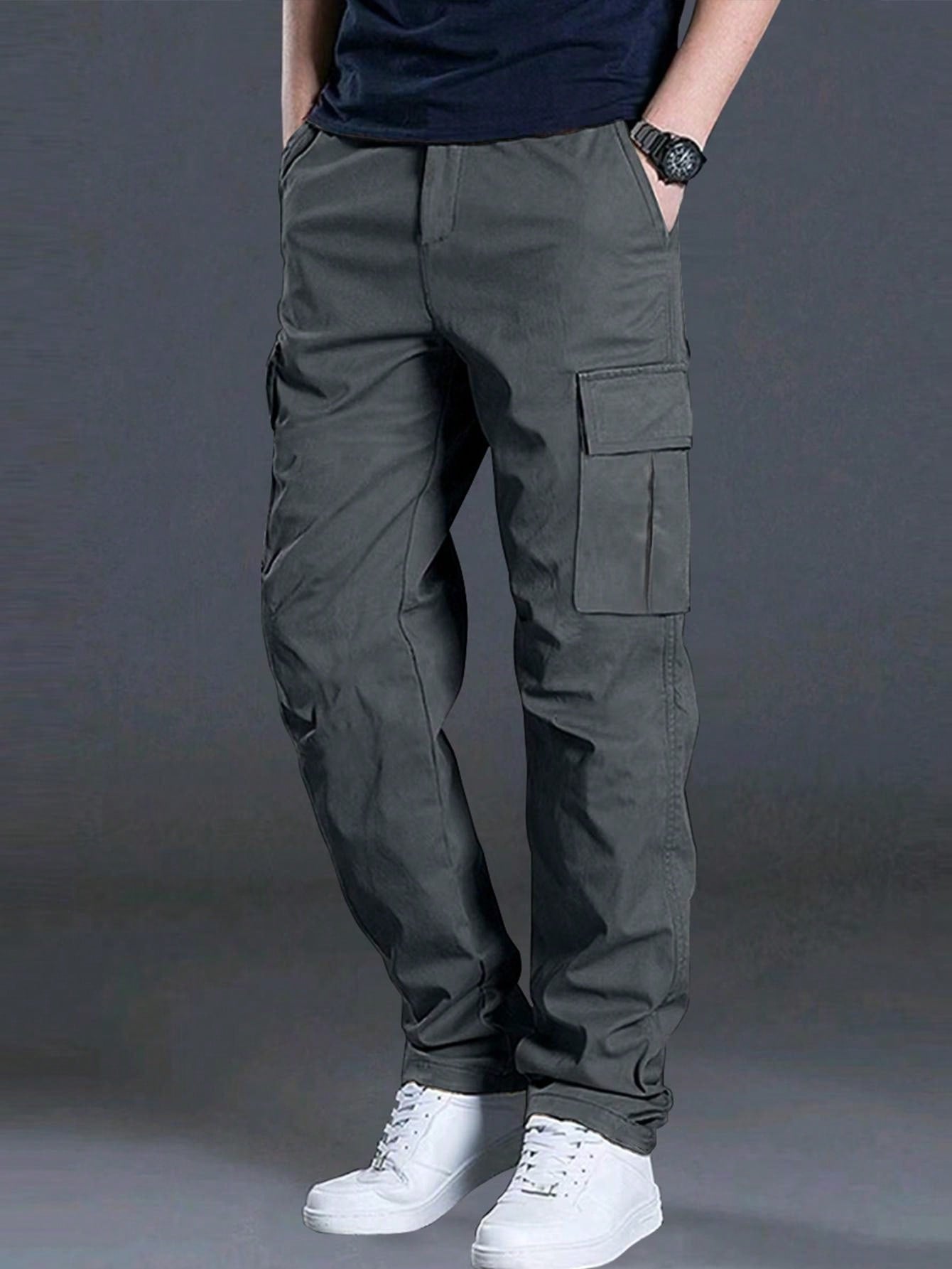 1pc Men Casual Loose Fit Multi-Pocket Straight Leg Cargo Pants, Street Style Regular Fit Sports Relaxed Long Trousers, Spring/Autumn