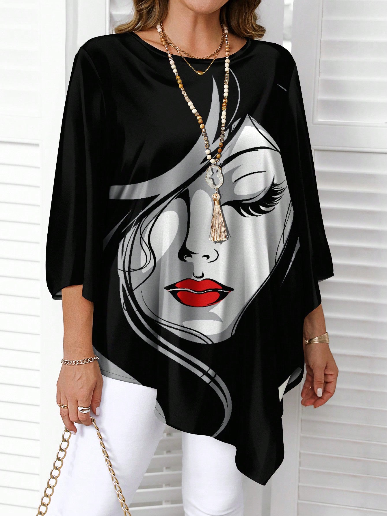 EMERY ROSE Casual Minimalist Retro Abstract Face Print Plus Size Shirt, Suitable For Autumn/Winter