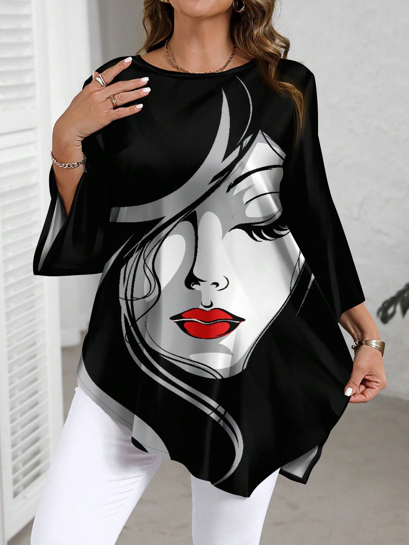 EMERY ROSE Casual Minimalist Retro Abstract Face Print Plus Size Shirt, Suitable For Autumn/Winter