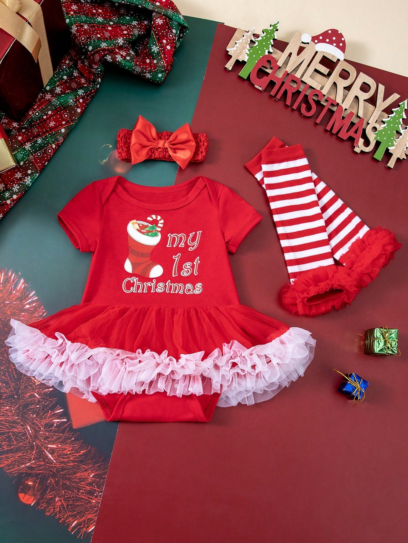 3pcs Christmas Outfit Set For Infant & Toddler Girls, Cute Cartoon Santa Leg Warmers, Red Romper, Dress & Hair Accessories, Great For Holiday Party & Photo Shoot