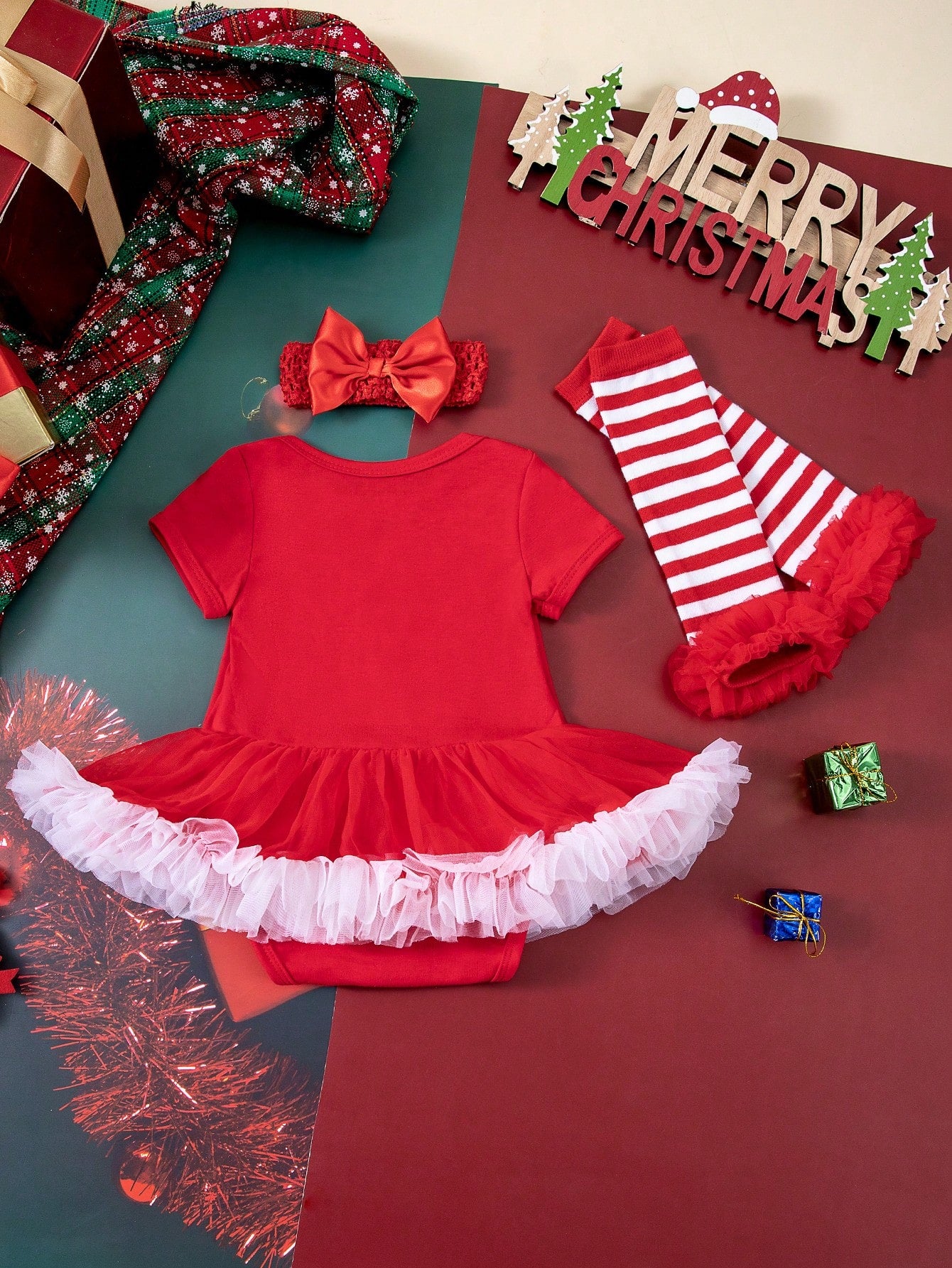 3pcs Christmas Outfit Set For Infant & Toddler Girls, Cute Cartoon Santa Leg Warmers, Red Romper, Dress & Hair Accessories, Great For Holiday Party & Photo Shoot