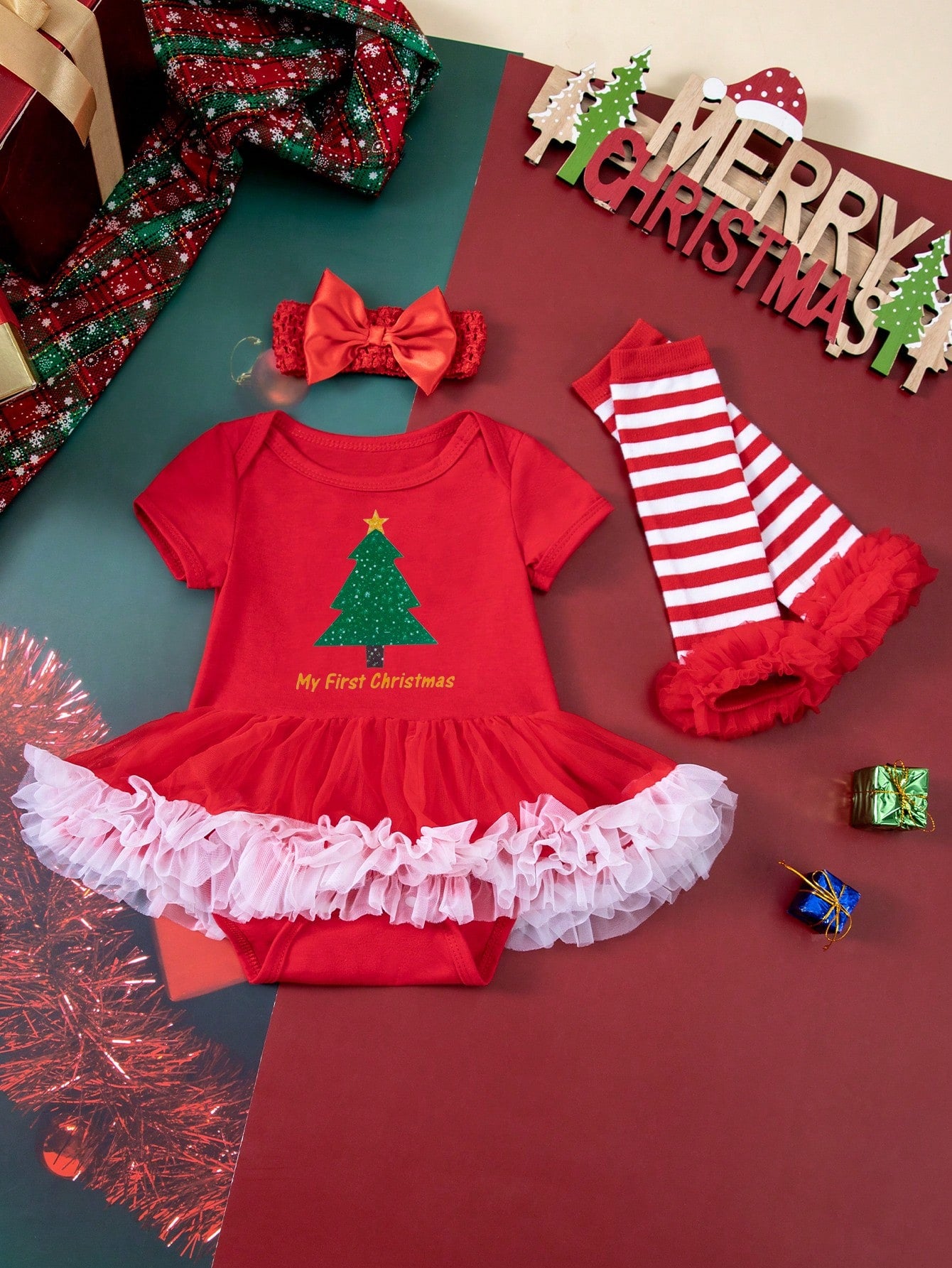 3pcs Christmas Outfit Set For Infant & Toddler Girls, Cute Cartoon Santa Leg Warmers, Red Romper, Dress & Hair Accessories, Great For Holiday Party & Photo Shoot